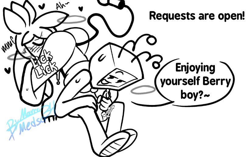 artist name, berryvision, dandy's world, dandys world, eating ass, eating out, jerkingoff, moaning, no color, roblox, sitting on face, sprout (dandy's world), teasing, text bubble, vee (dandy's world), white background