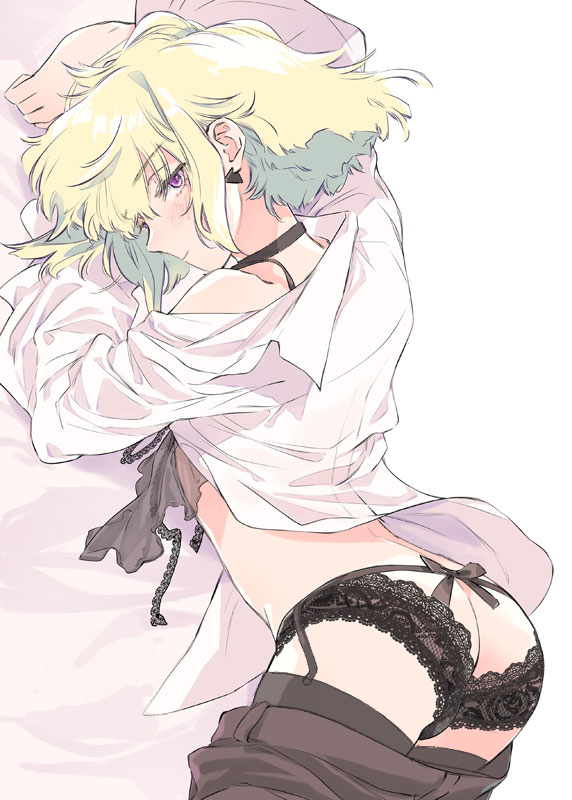 1boy, 1femboy, androgynous, arched back, ass, ass focus, black legwear, black panties, blonde hair, blush, blushing, bob cut, bra, bulge, bulge through clothing, choker, collar, color, colored, crossdressing, ear ring, embarrassed, femboy, femboy only, feminine faced male, feminine male, girly, lace-trimmed bra, lace-trimmed panties, lingerie, lio fotia, looking at viewer, messy hair, nervous, pale skin, pale-skinned male, petite, petite body, petite male, pov, promare, seductive look, short hair, short male, slim, slim male, slim waist, smile, smiling, solo, stockings, thighhighs, thin waist, twink