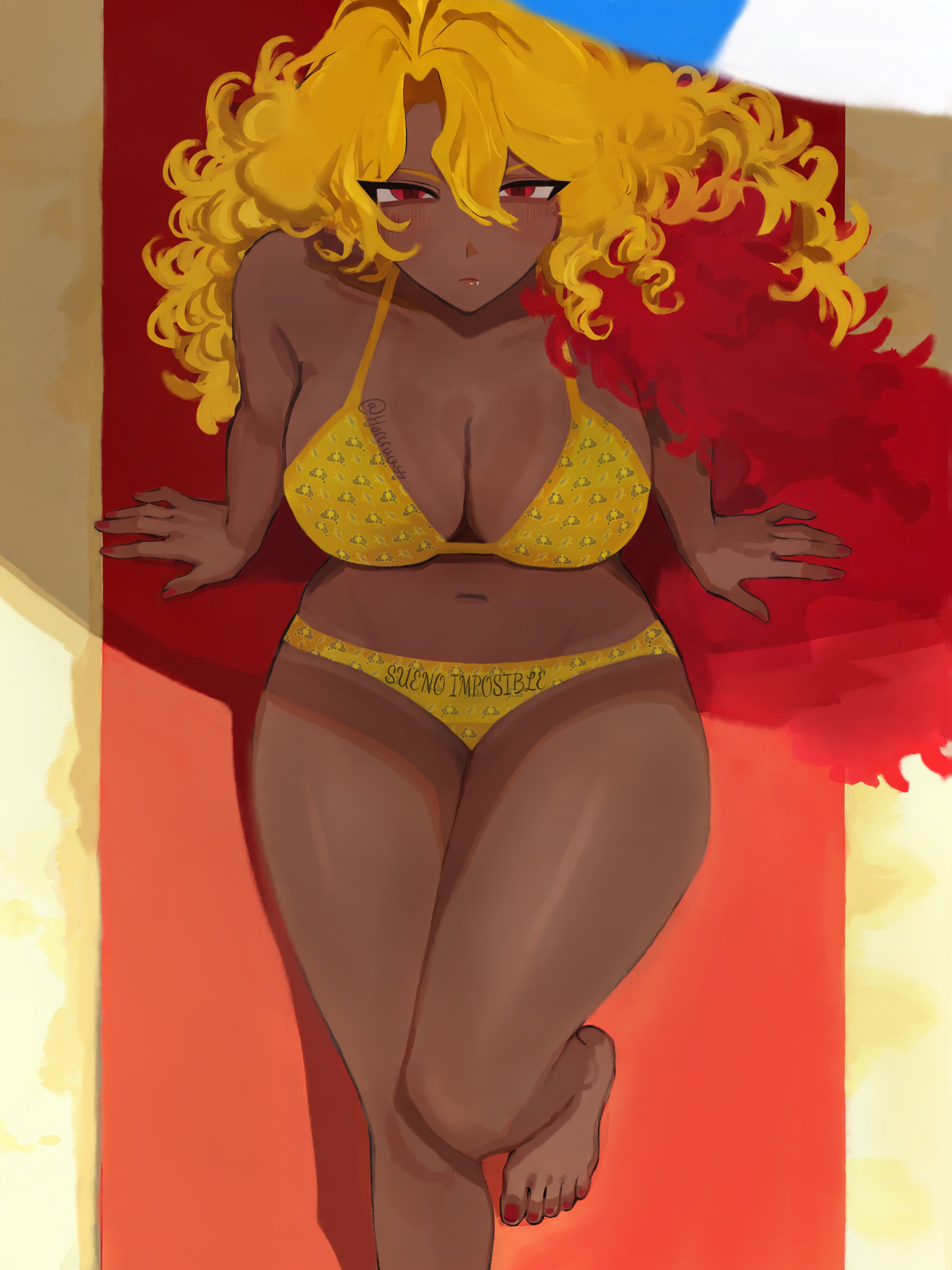 1girls, artist request, beach, beach towel, beach umbrella, big breasts, bikini, bloodfiend, breasts, dark skin, dark-skinned female, don quixote (limbus company), female, fur boa, hair, laying on towel, limbus company, long hair, project moon, race swap, red eyes, sancho (limbus company), sand, thighs, towel, umbrella, yellow hair