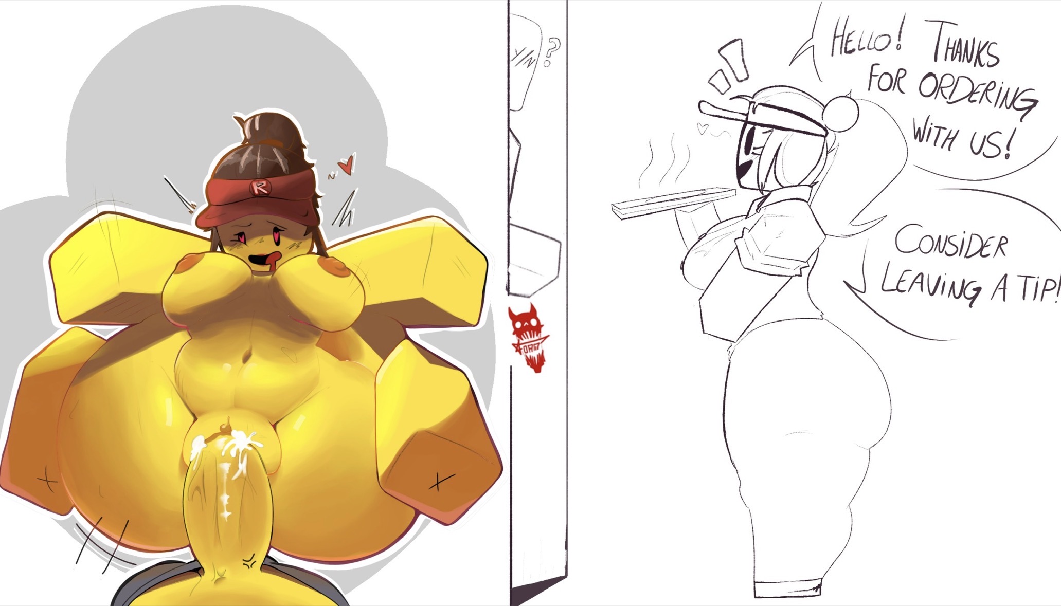 1boy, 1girls, 2koma, belly, big ass, big balls, big breasts, big butt, big nipples, big penis, big thighs, blocky body, facing up, foam 33, partially colored, roblox, roblox game, robloxian, self upload, sex, sexy, speech bubble, vaginal penetration, work at a pizza place, y/n