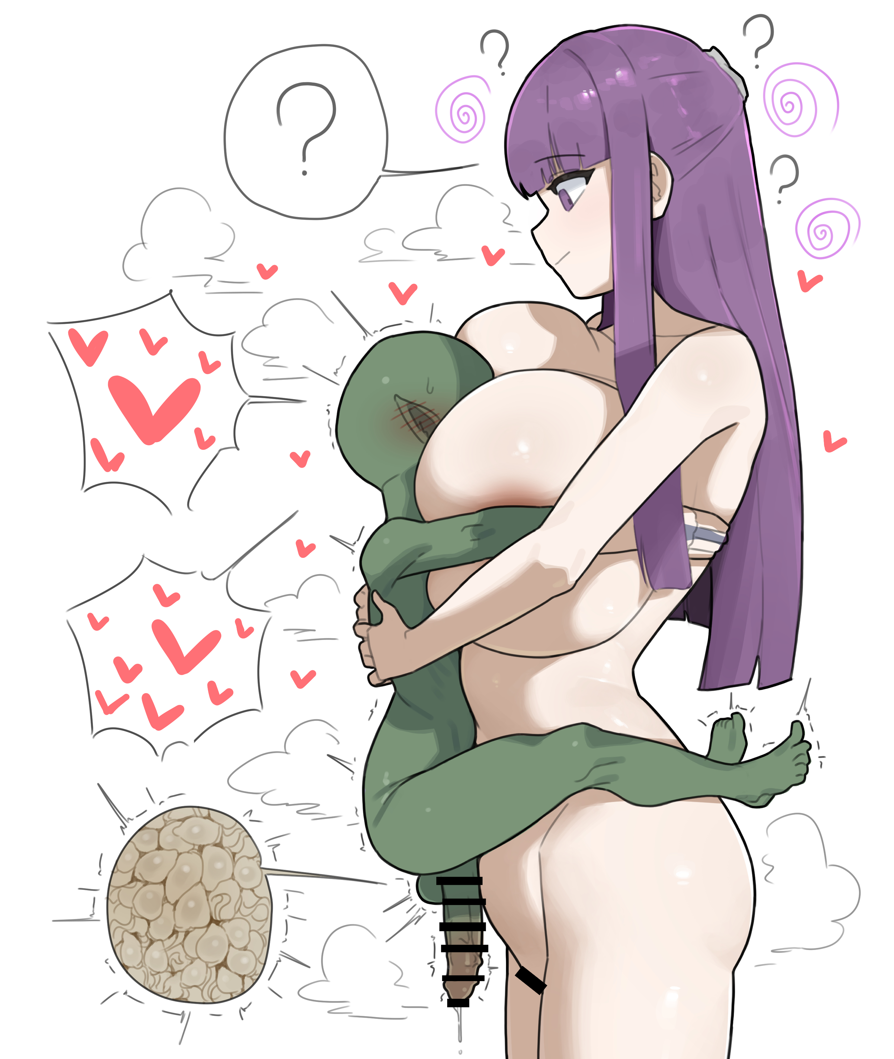 ?, 1boy, 1girls, artist request, bald, bar censor, blush, breast press, breasts, censored, cheating, cheating girlfriend, colored skin, completely nude, completely nude female, completely nude male, face to breasts, female, fern (sousou no frieren), goblin, goblin male, green body, green skin, heart, huge breasts, huge penis, hypnosis, imminent penetration, long hair, looking at viewer, male, mind control, monster, netorare, nude, nude female, nude male, penis, pointy ears, purple eyes, purple hair, simple background, size difference, sousou no frieren, speech bubble, sperm cell, testicles, white background
