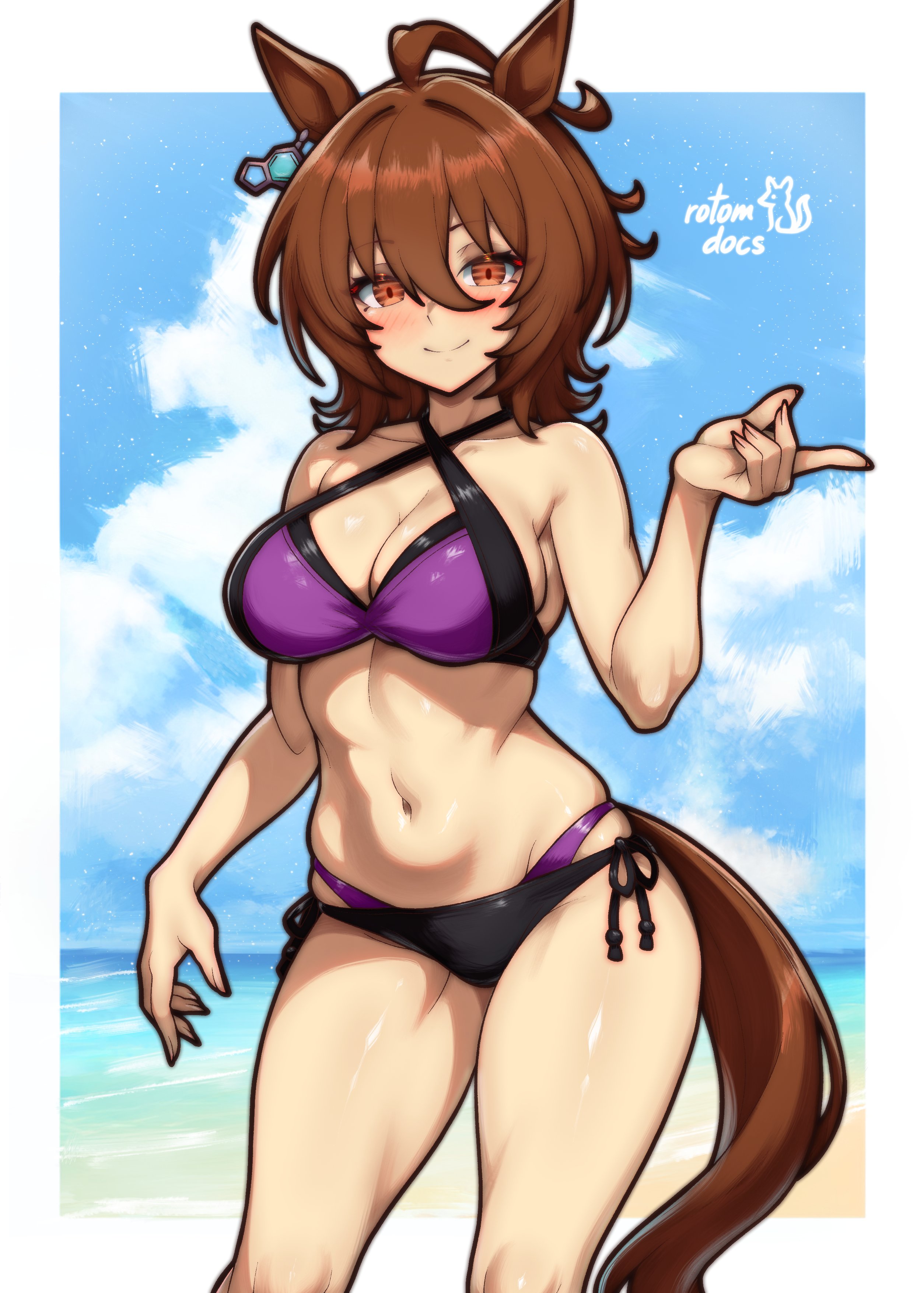 1girl, agnes tachyon (umamusume), blush, brown hair, cleavage, closed mouth, horse ears, horse girl, horse tail, large breasts, navel, ocean, outdoors, purple bikini, red eyes, rotomdocs, short hair, smile, solo, stomach, thighs, umamusume, umamusume pretty derby