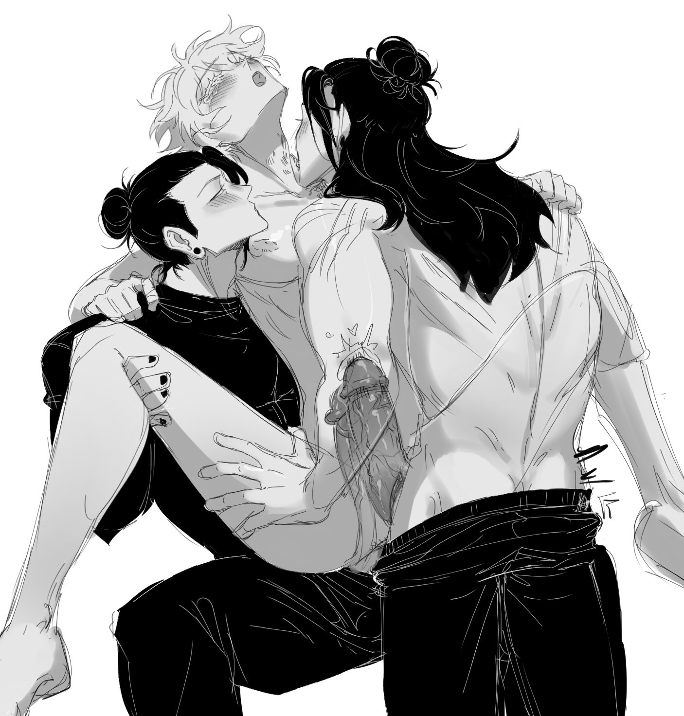 1cuntboy, blush, cuntboy, double penetration, gay, jujutsu kaisen, satoru gojo, suguru geto, threesome, trans man, xyu909661, yaoi