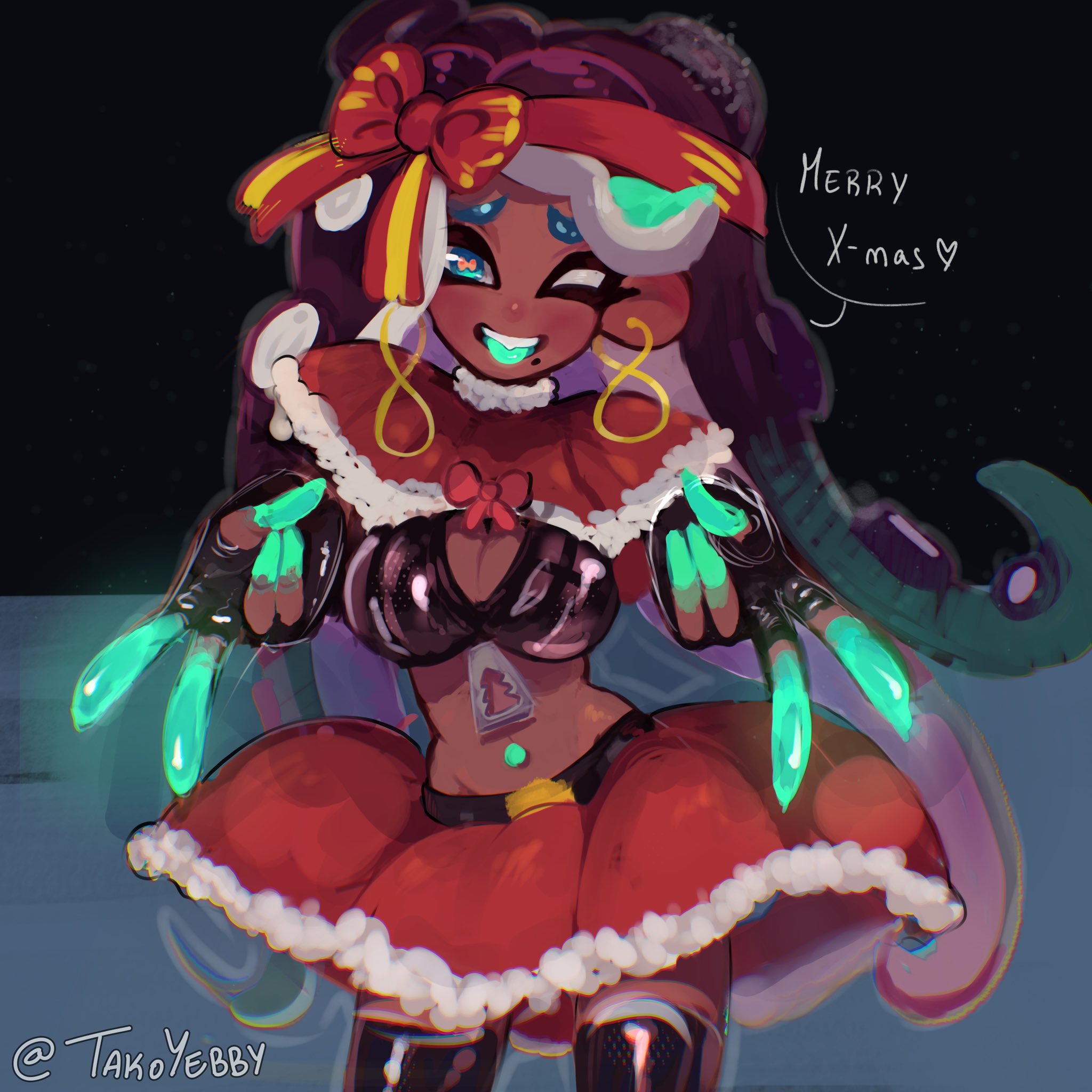 christmas, greeting viewer, holidays, looking at viewer, marina (splatoon), merry christmas, nintendo, solo, splatoon, splatoon (series), splatoon 2, takoyebby, talking to viewer, thighhighs