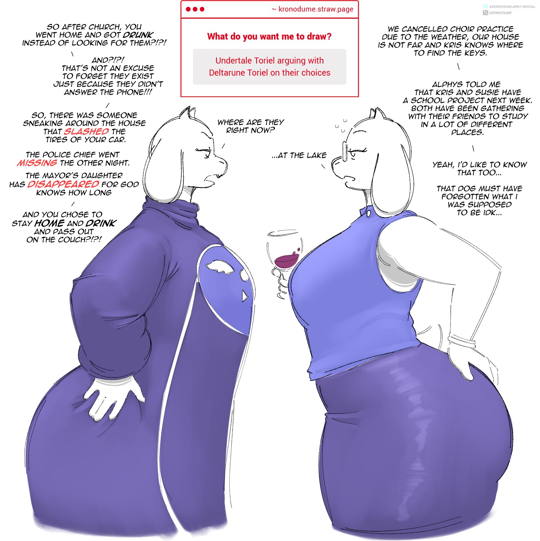 2girls, angry, arguing, ass, big ass, breasts, deltarune, drunk, drunk bubble, drunk female, duplicate, female, furry, furry female, glasses, goat, goat girl, hand on ass, hand on hip, horn, horns, huge ass, kronodume, milf, older female, teacher, teacher outfit, thick ass, tight clothing, toriel, toriel (deltarune), toriel (undertale), unbothered, uncaring, undertale (series), wine glass