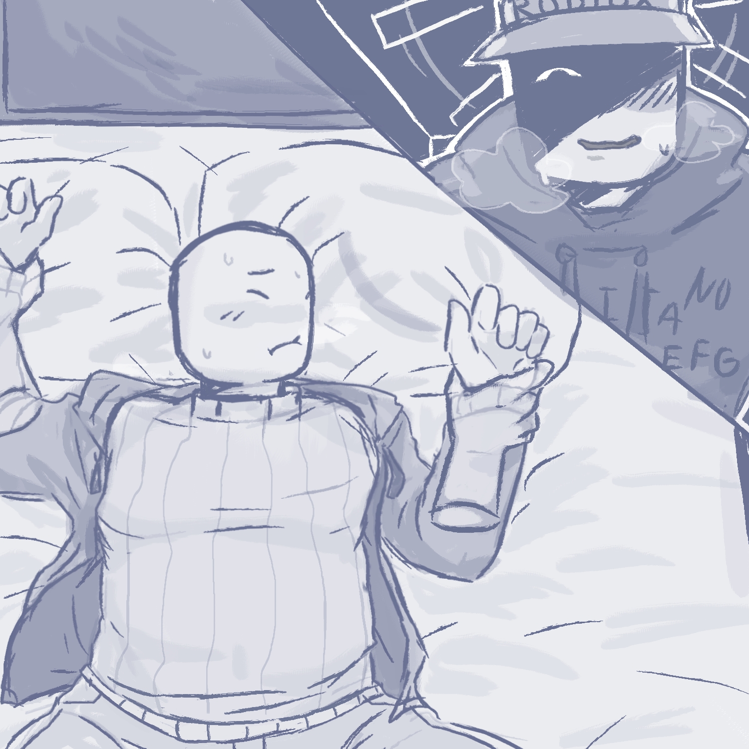 2boys, andrew (bad things), bad things (roblox), breathing heavily, clothing, duo, excited expression, fat male, forced, gay, intimidated, ivan (bad things), looking away, lying, lying on bed, male/male, on bed, panel, questionable consent, shy expression, sketch, smile, spread legs, stalker, undressing another, yaoi