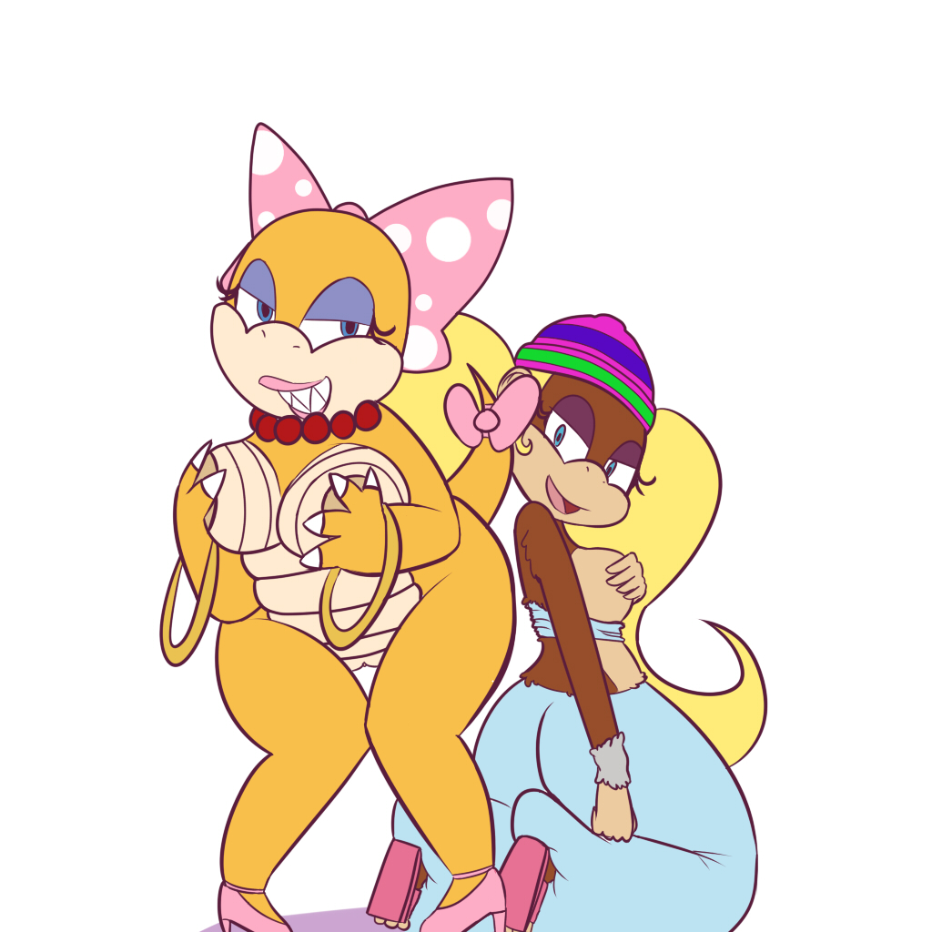 2girls anthro ass bow bracelet breasts claws color donkey_kong_(series) eyelashes eyeshadow female female_only furry high_heels interspecies lipstick looking_at_viewer mario_(series) multiple_girls necklace nintendo nipples pearl_necklace polka_dots pussy straight_hair tail thegalen tiny_kong wendy_o._koopa