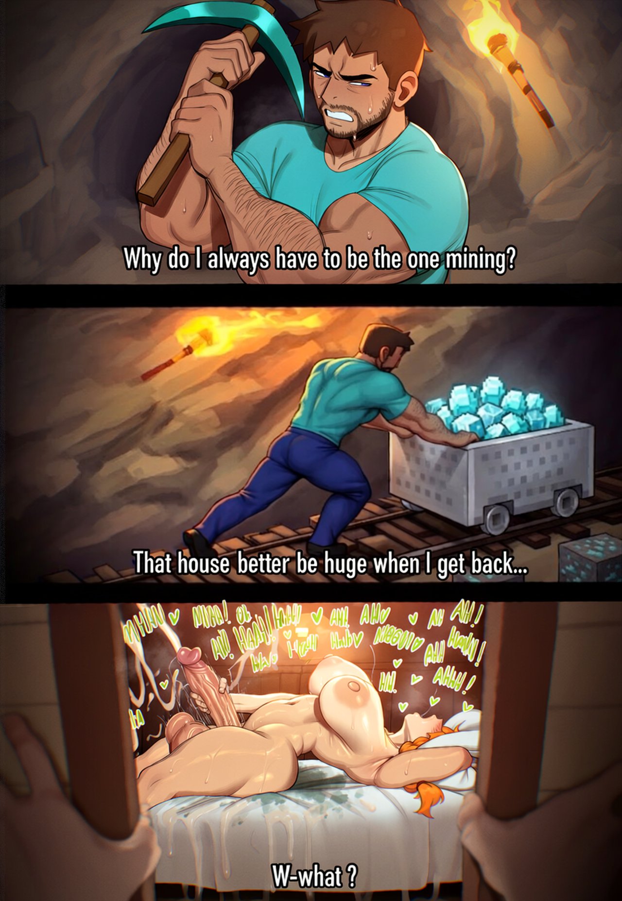 1boy, 1futa, 2026, ai generated, alex (minecraft), bed, bedroom, big ass, big balls, big breasts, big penis, blushing, brown hair, bubble butt, caught, caught in the act, caught masturbating, child bearing hips, cum, cum everywhere, cum explosion, cum on bed, cumshot, dat ass, dialogue, dumptruck ass, ejaculating, ejaculating cum, ejaculation, excessive cum, fat ass, futanari, green eyes, horny, horny futa, huge ass, huge balls, huge breasts, huge cock, hung futa, male, masturbating, masturbation, minecraft, muscular, muscular male, noonyx, orange hair, steve (minecraft), text, thick thighs, thunder thighs, tongue, tongue out, veiny penis