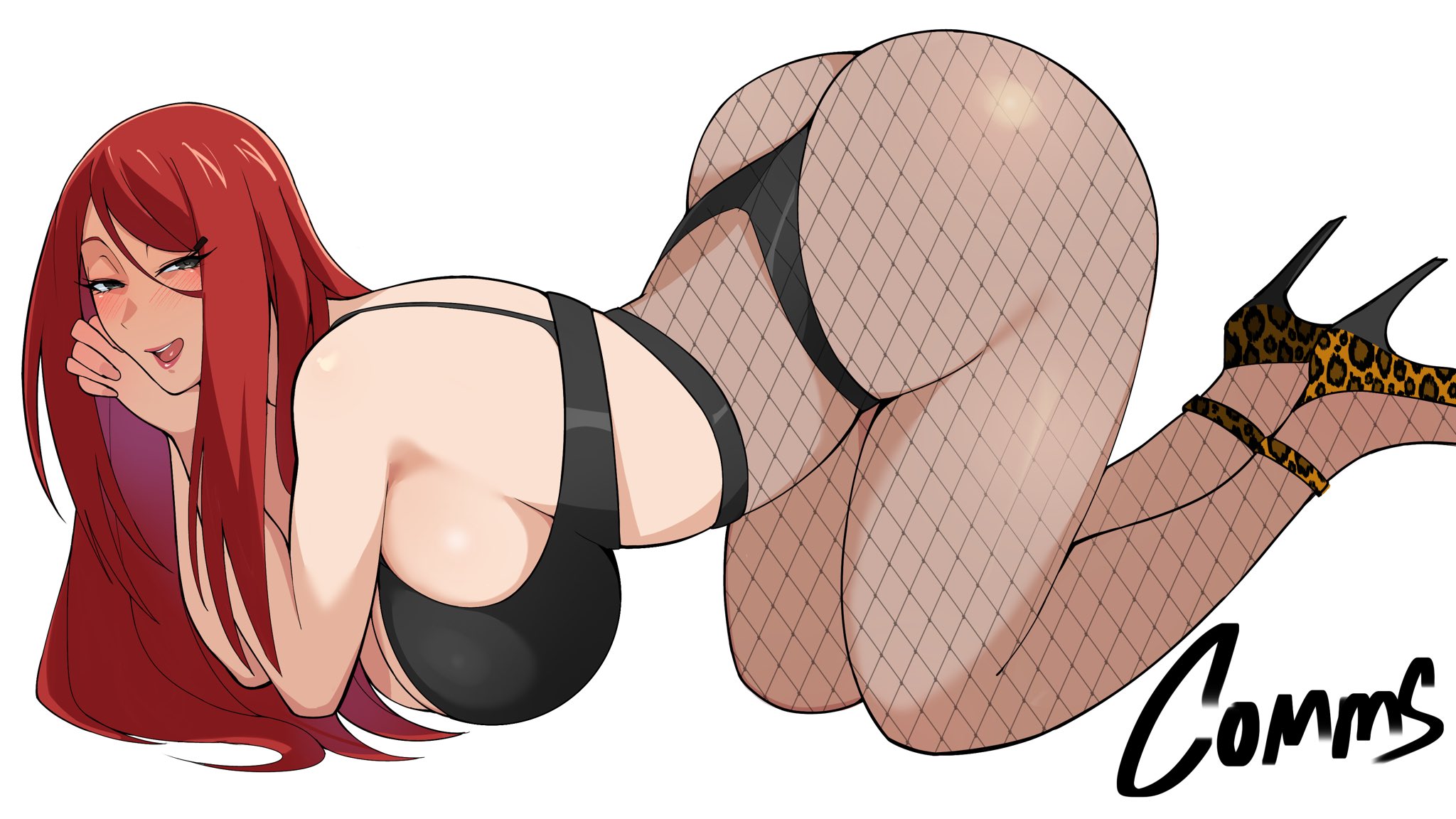 1girls, airi akura, all fours, ass, ass up, big ass, big breasts, black bra, black thong, blush, bottomwear, bra, breasts, clothing, female, female only, fishnet clothing, fishnet legwear, fishnets, footwear, hair, heels, high heels, huge ass, huge breasts, leopard print, lips, long hair, mature, mature female, mature woman, milf, mother, naruto, naruto (series), red eyes, red hair, solo, solo female, thighs, thong, topwear, uzumaki kushina, white background