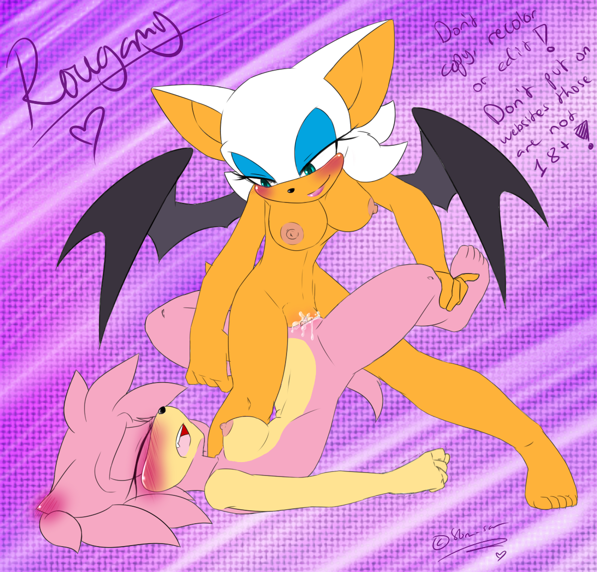 amy rose, anthro, bat, blush, breasts, climax, color, female, female only, fur, furry, furry only, hedgehog, interspecies, lipstick, makeup, mammal, multiple females, nipples, nude, pink fur, pubic hair, purple background, rouge the bat, sega, simple background, sonic (series), sonic the hedgehog (series), standing tribadism, tribadism, uncensored, white fur, yuri