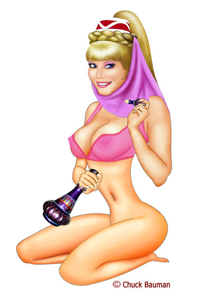 1girls areolae barbara_eden big_breasts blonde_hair blue_eyes bottomless bra breasts chuck_bauman cleavage cork eyelashes eyeliner eyeshadow genie genie_bottle i_dream_of_jeannie jeannie lipstick makeup navel nipples red_baron see-through smile