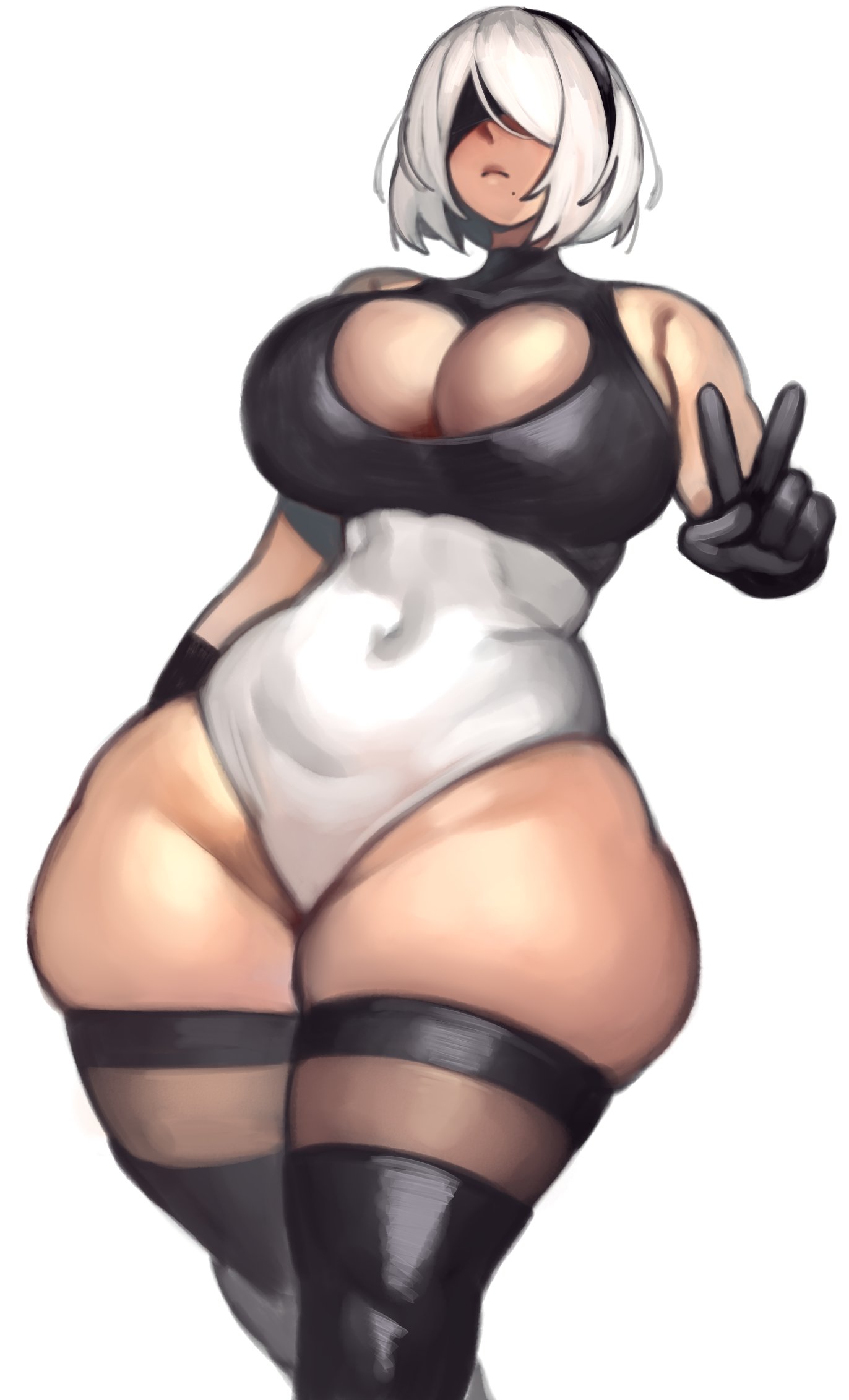 1girl, 1girls, 2d, 2d (artwork), big boobs, big breasts, boob window, boobs, boobs bigger than head, breasts, breasts bigger than head, breedable hips, closed eyes, closed mouth, color, colored, covered eyes, curvaceous, curvaceous body, curvaceous female, curvaceous figure, curvy, curvy body, curvy female, curvy figure, curvy hips, dummy thicc, eyes covered, female, female focus, female only, front view, gloves, hair, hair ornament, hairband, high resolution, highres, hips, hips wider than shoulders, kelvin hiu, large boobs, large breasts, light skin, light-skinned female, mouth closed, navel, navel visible through clothes, nier, nier (series), nier: automata, peace sign, pose, posing, sexy, sexy body, sexy female, sexy pose, sexy woman, short hair, solo, solo female, solo focus, tall female, thicc, thicc thighs, thick, thick hips, thick thighs, thigh boots, thigh strap, tummy, v, v sign, voluptuous, voluptuous body, voluptuous female, white background, white hair, yorha 2b