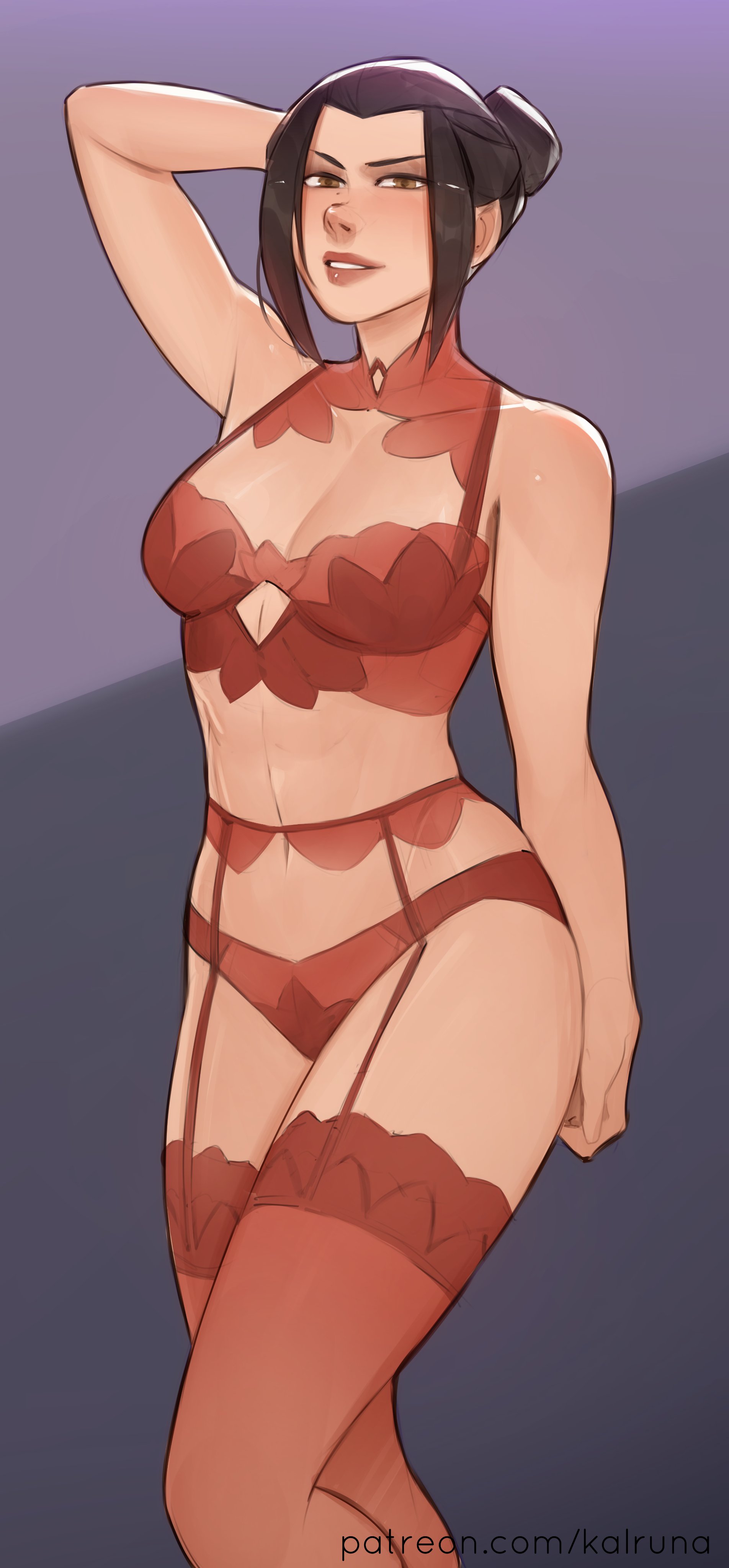 1girls, avatar: the last airbender, azula, bra, female, female only, garter straps, kalruna, lingerie, panties, pinup, red bra, red panties, red thighhighs, solo, thighhighs