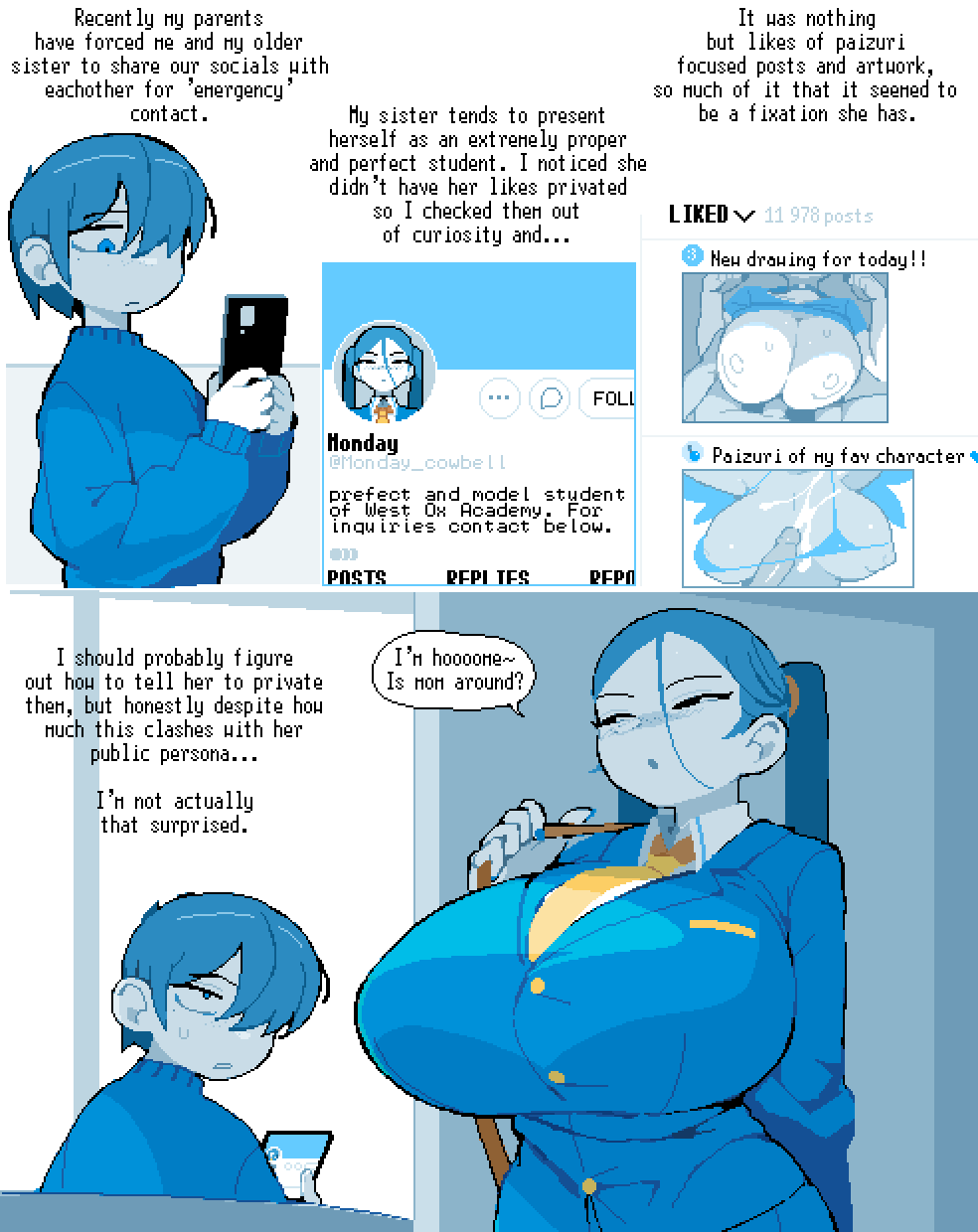 1boy, 1girls, 2026, 2d, 2d (artwork), 2d artwork, ahoge, bangs, big breasts, black nose, blunt bangs, blush, blush lines, bra, breasts, brother and sister, clothed, clothed female, clothed male, clothing, cum, cum on breasts, curvy, curvy body, curvy female, dialogue, dizzyspells, duo, english, english text, female, female focus, hair between eyes, huge breasts, large breasts, looking at another, monochrome, nipples, original, original character, paizuri, pixel art, shirt, shirt lift, shirt up, showing breasts, siblings, social media, speech bubble, stomach, sweat, underwear, voluptuous, voluptuous female, wide hips