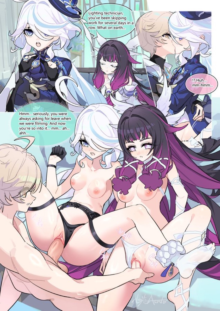 2girls, aether (genshin impact), columbina (genshin impact), fingering, furina (genshin impact), genshin impact, male/female/female, pussy, sex, small breasts, threesome