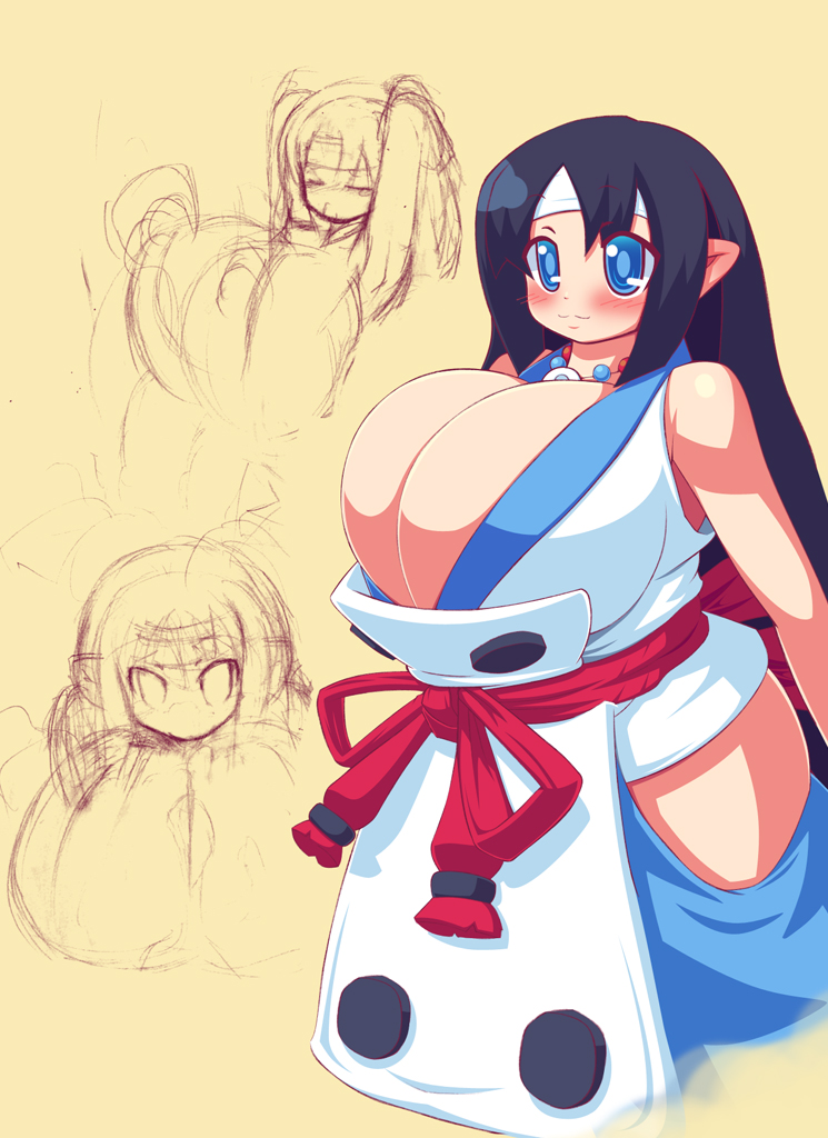 blush breasts cleavage disgaea disgaea_2 huge_breasts japanese_clothes lion's raion-san sketch smile yukimaru