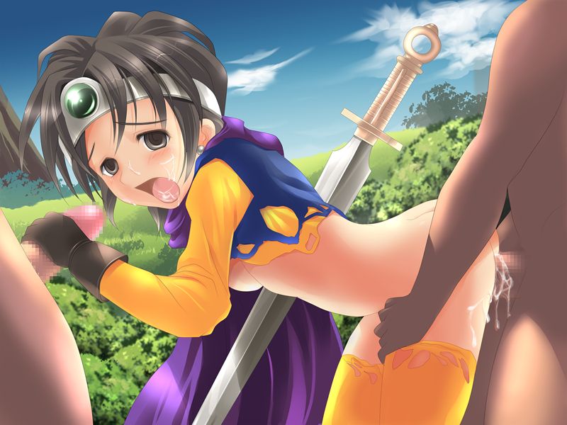 a2_wing blush censored clothing cum dragon_quest dragon_quest_iii handjob heroine_(dq3) roto small_breasts stockings tagme threesome