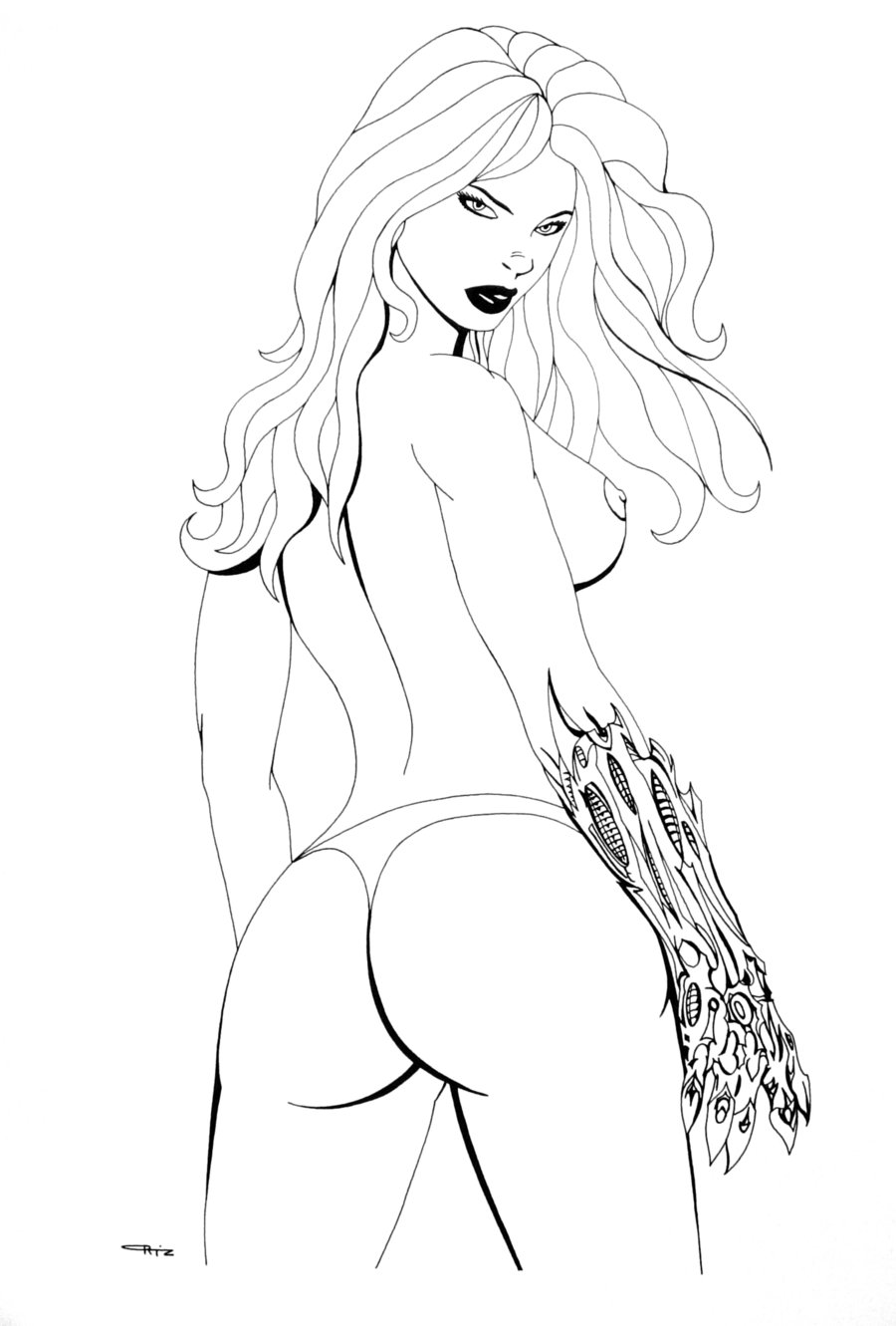 ass back_view breasts eso2001 female female_only human looking_back monochrome sara_pezzini solo standing tagme thong topless witchblade