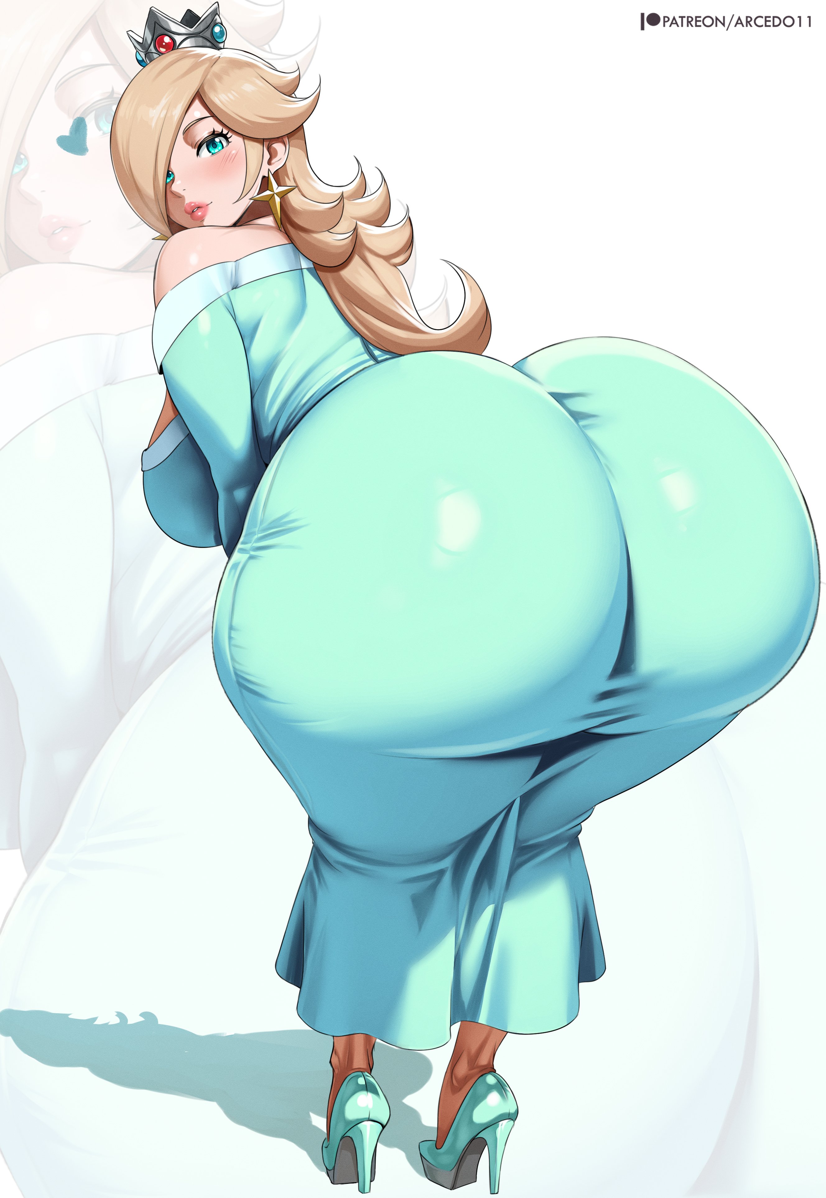 1girls, 2d, arcedo, ass, ass in dress, back view, blonde hair, breasts, bubble butt, clothed, clothed female, dress, fat ass, female, female only, hair over one eye, heels, high heels, human, human only, light skin, light-skinned female, looking at viewer, looking back, mario (series), mature, mature female, milf, mommy, nintendo, princess rosalina, solo, solo female, tagme, thick thighs, thighs, voluptuous, white background