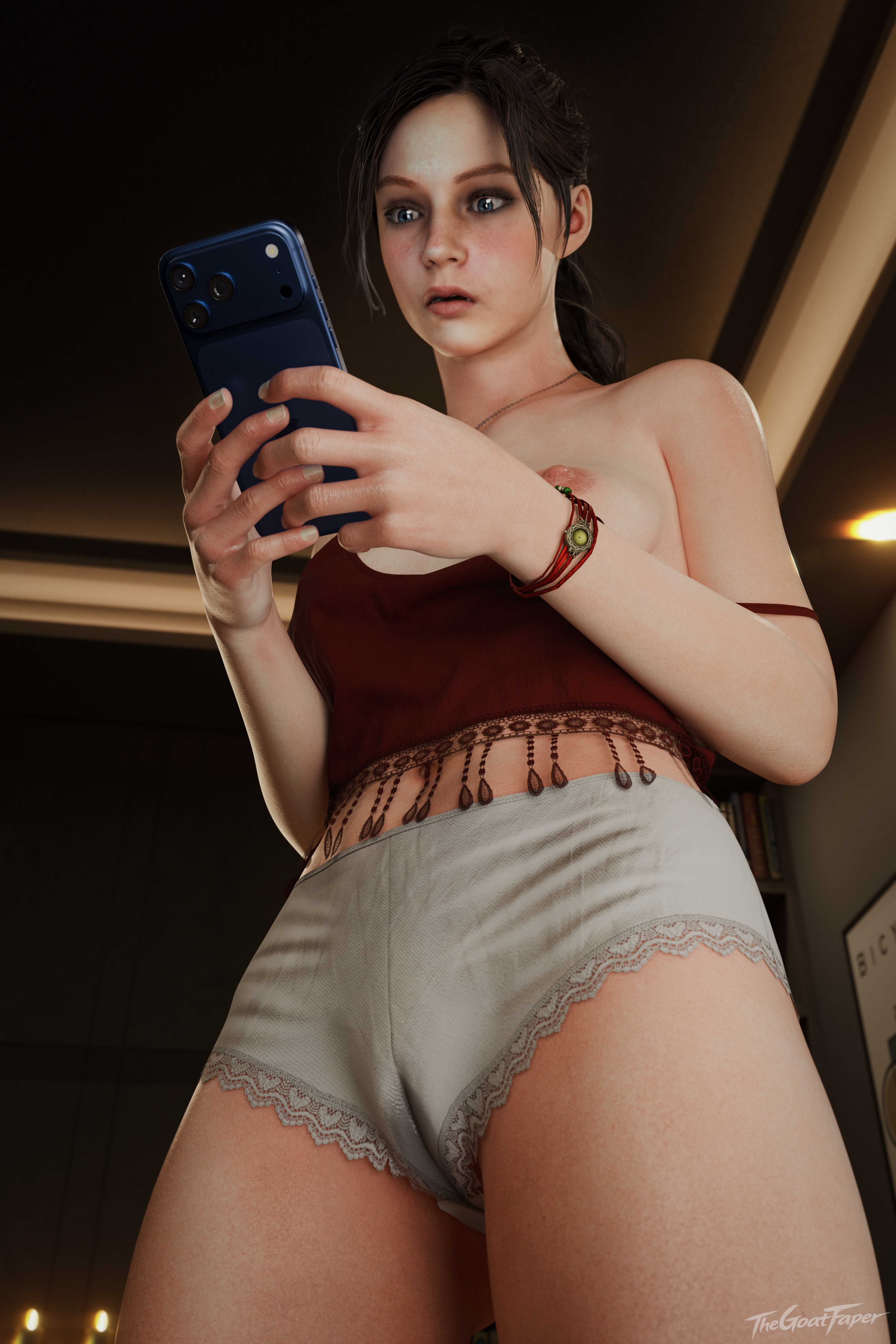 blender, blue eyes, brown hair, cameltoe, cellphone, claire redfield, claire redfield (jordan mcewen), clothing, electronics, female, hi res, human, nonsexual, pale skin, phone, resident evil, resident evil 2, resident evil 2 remake, thegoatfaper, wet panties, wet pussy, wristwear
