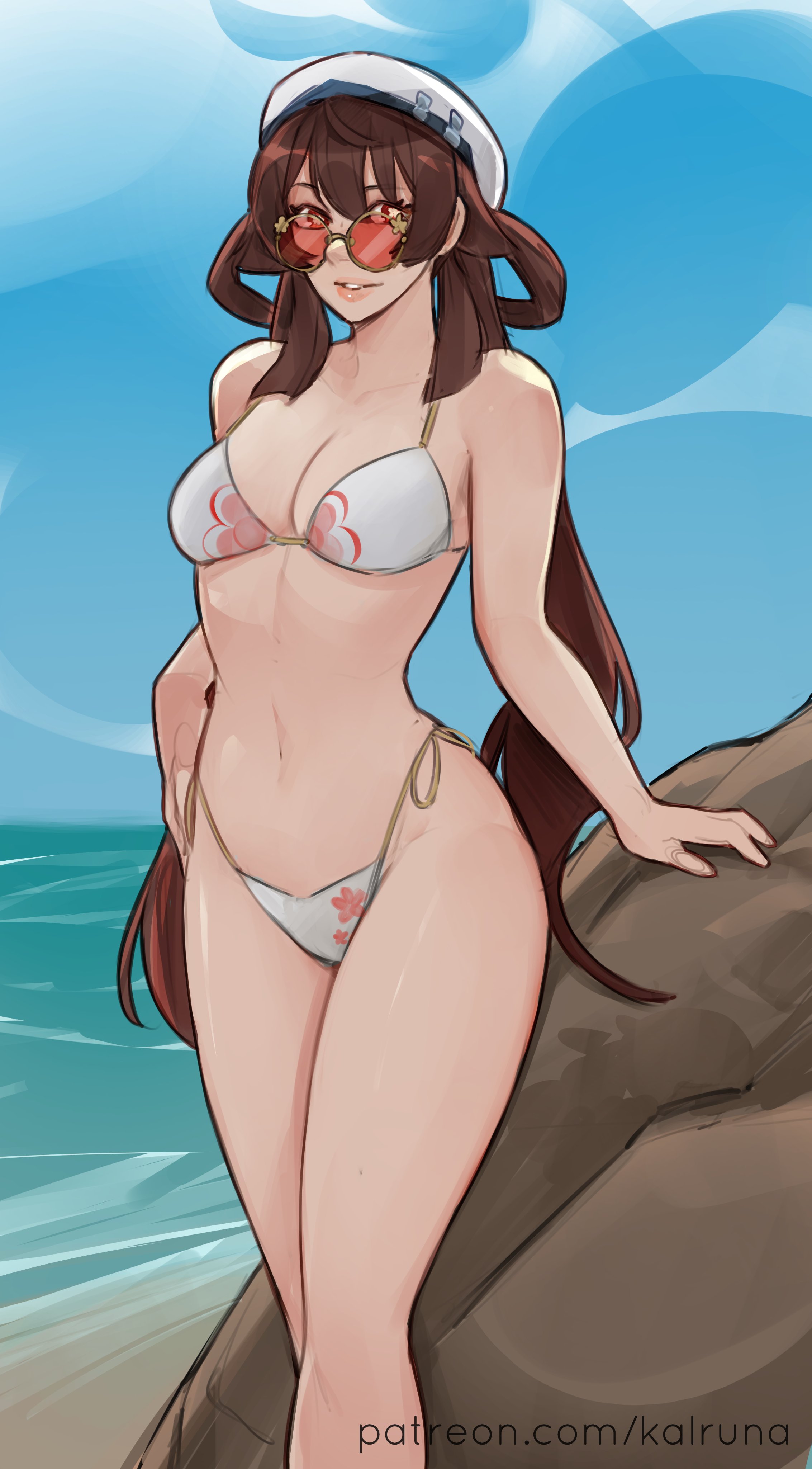 1girl, bikini, genshin impact, hat, hu tao (genshin impact), kalruna, solo, sunglasses, swimsuit