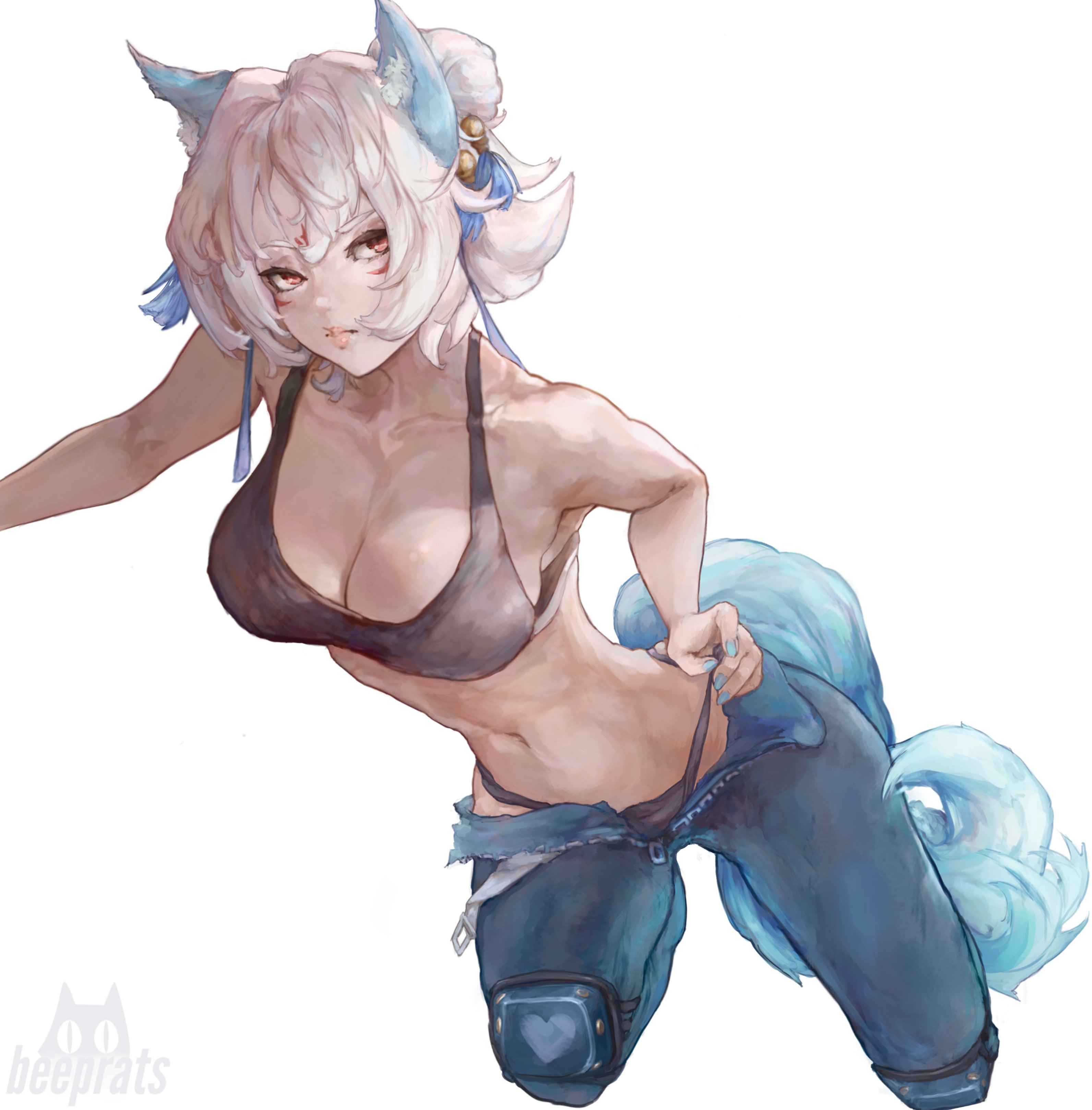 1girls, 2d, ami han, beeprats, big ass, breasts, cleavage, cutesexyrobutts (style), female, female only, fully clothed, marvel, marvel rivals, midriff, navel, panties, solo, tail, thick thighs, white fox (marvel rivals), white fox (marvel)