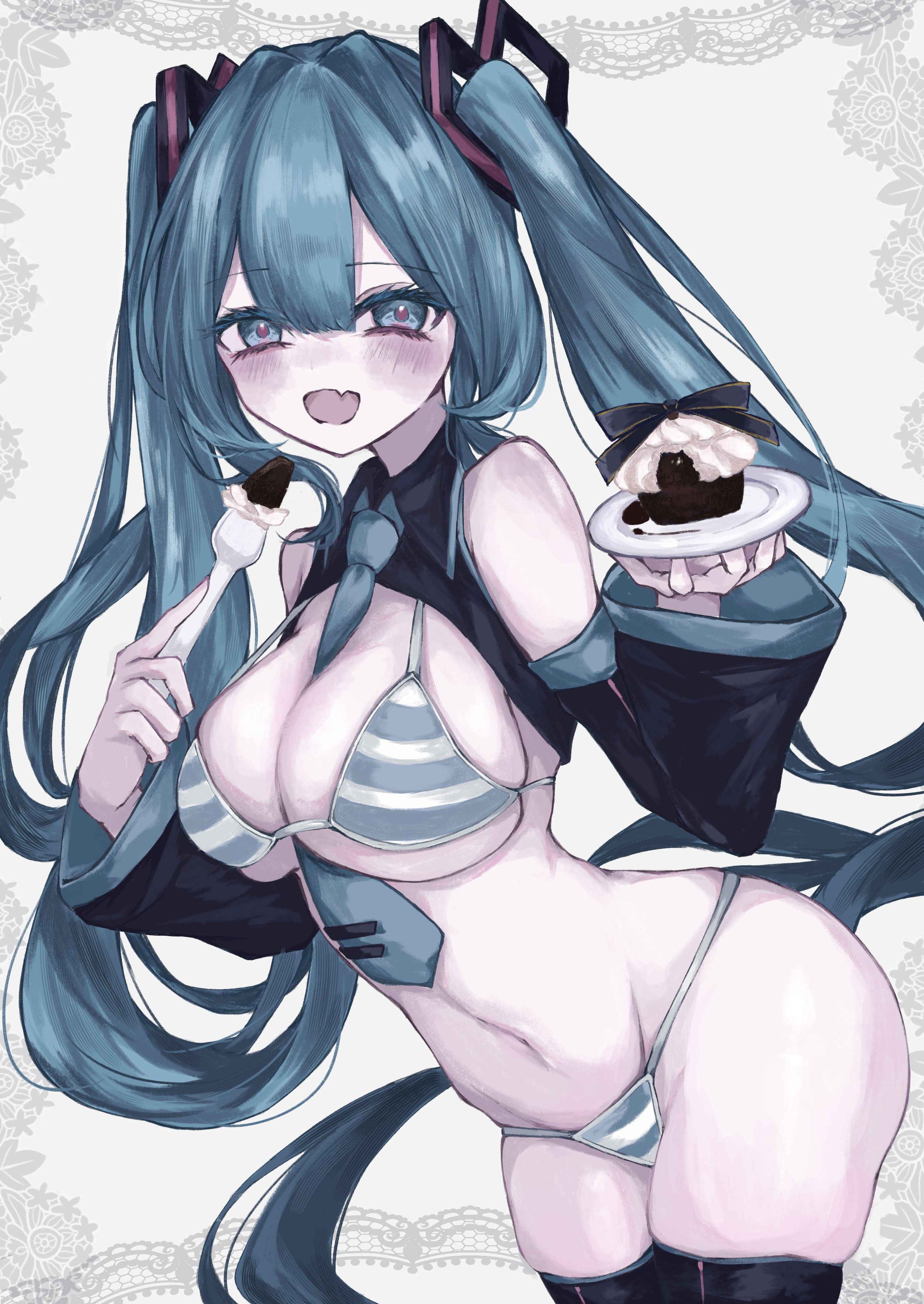 :d, blush, cake, chocolate cake, fang, fork, hatsune miku, hatsune miku (collared bikini), holding food, midriff, navel, open mouth, smile, vocaloid