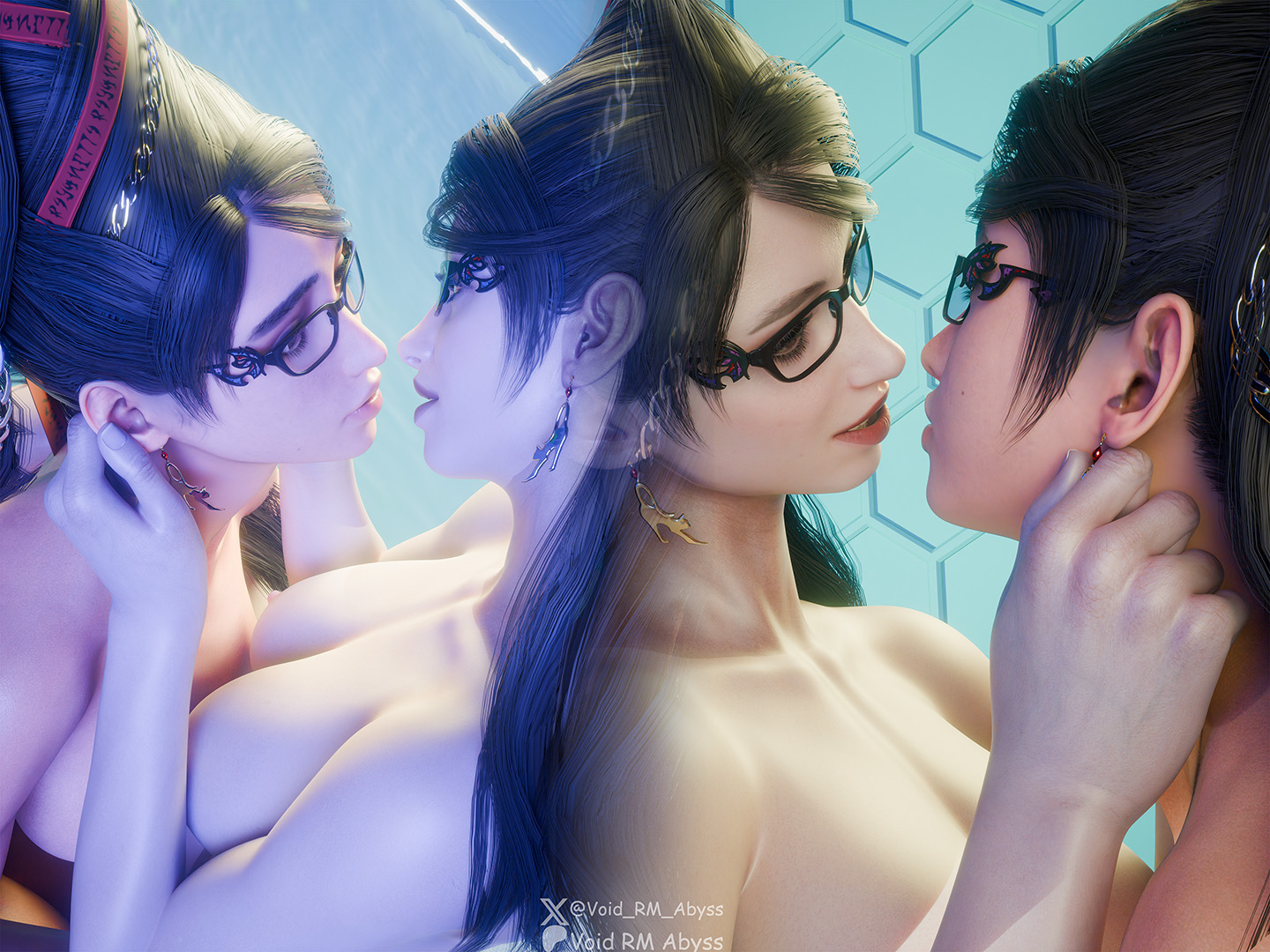 2girls, 2girls only, 3d, 3d (artwork), 3d model, 3d render, bayonetta, bayonetta (cosplay), breasts, cinematic, cinematic lighting, close up, close-up, closeup, cosplay, cosplaying as character, eve (stellar blade), female dominating female, female kissing, glasses, gley (the first descendant), kissing, lesbian, lesbian kiss, nipples, nude, nude female, stellar blade, tfd, the first descendant, voidrmabyss