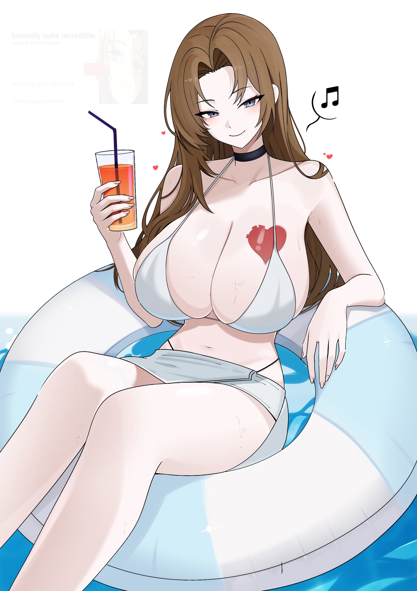 1girls, attractive, bikini, blue eyes, breasts, brown hair, cleavage, eighth note, female, female focus, female only, holding, holding drink, holding object, large breasts, light skin, light-skinned female, limbus company, long hair, looking at viewer, m ayonessa, music note, pool, pool float, project moon, rodion (limbus company), sitting, skirt, sole female, swimsuit, thighs