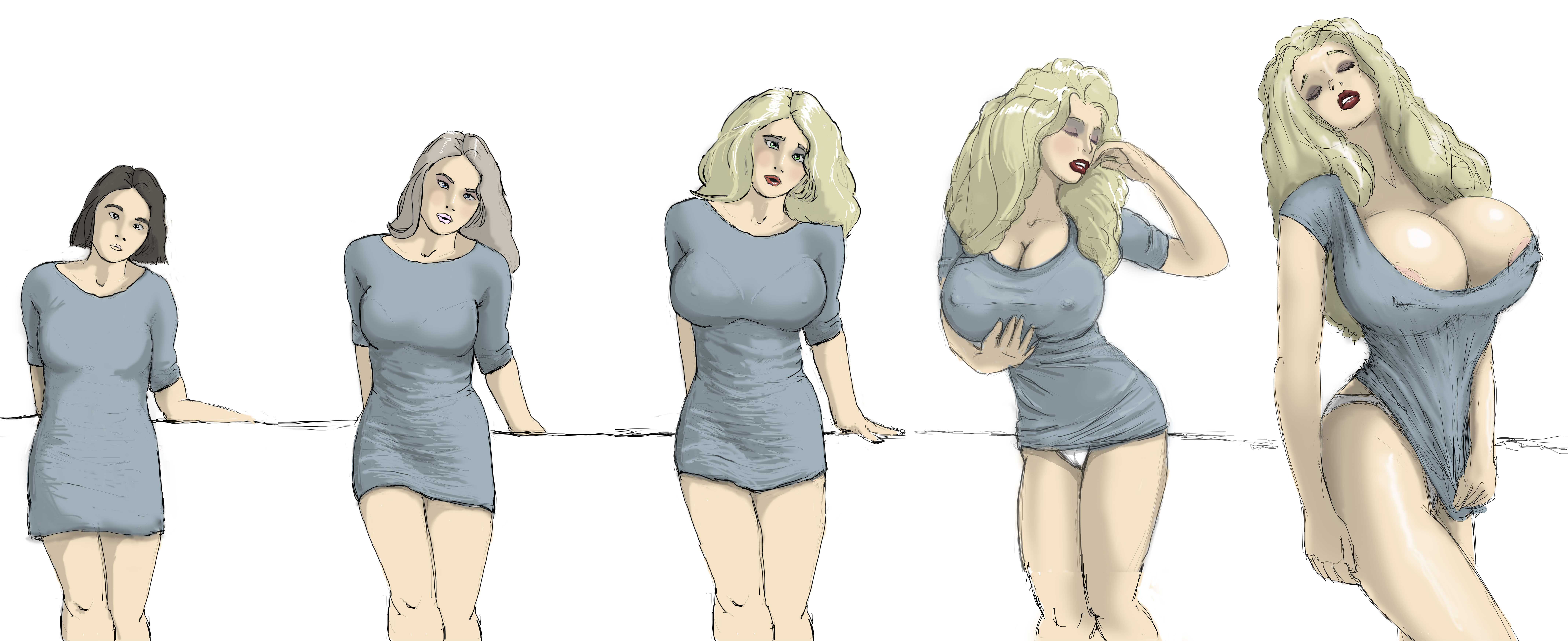 absurdres, before and after, bimbofication, black eyes, black hair, blonde hair, blue eyes, breast expansion, breasts, cleavage, closed eyes, comic, darkohorse, erect nipples, female only, femsub, green eyes, hair growth, huge breasts, inflation, original, panties, sketch, transformation, underwear