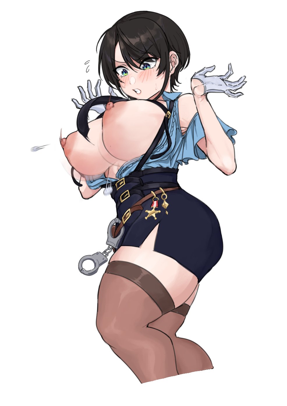 1girl, 1girls, belted skirt, blush, blush lines, blushing, blushing female, bouncing breasts, breasts, breasts out, clumsy, dark hair, gloves, hololive, huge breasts, large breasts, looking at breasts, looking down, nipples, oozora subaru, police, police uniform, policewoman, short hair, smugigante, solo, solo female, solo focus, stockings, thick thighs, thighhighs, thighs, tight skirt, virtual youtuber