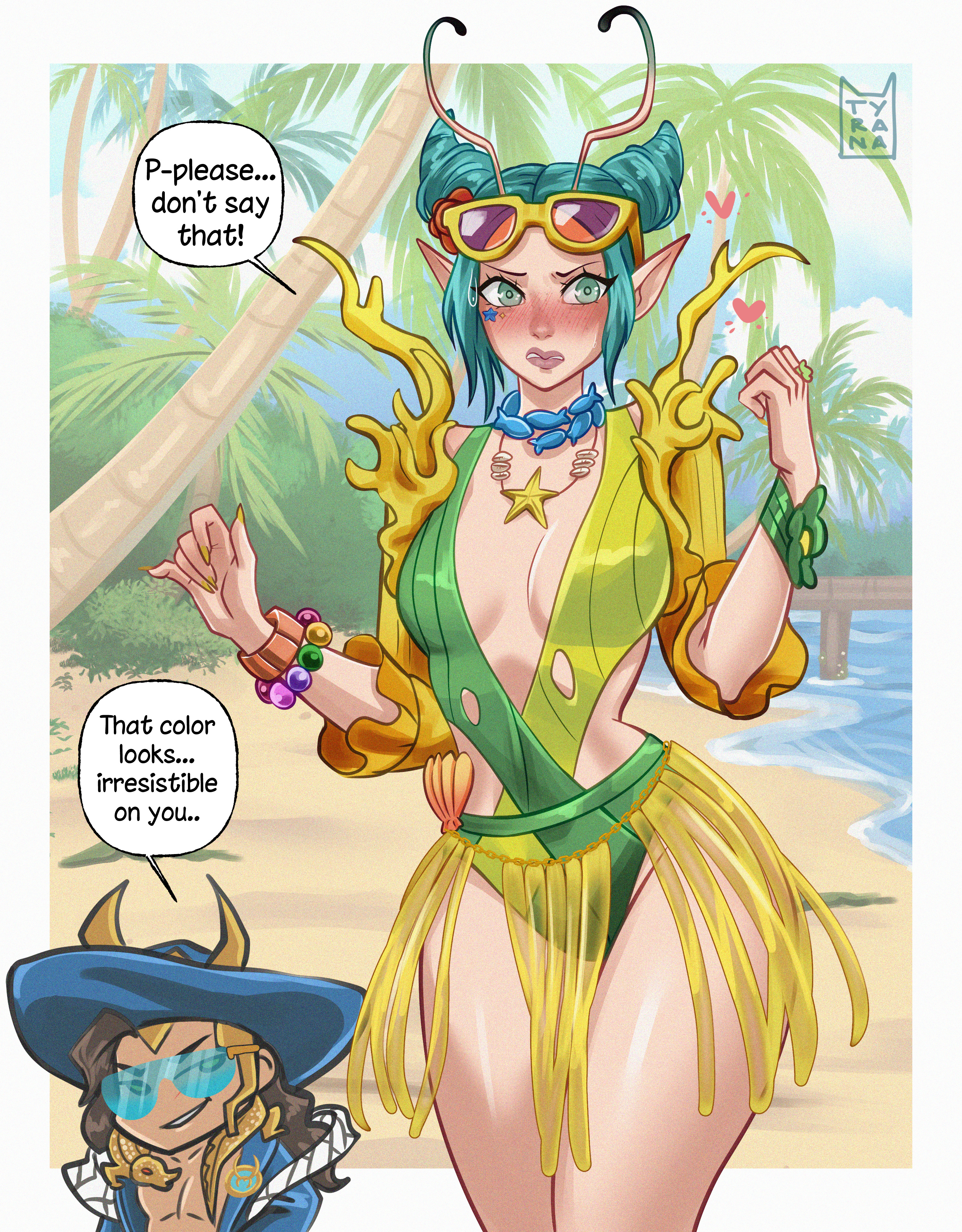 1girls, 2d, big ass, big breasts, embarrassed, female, loki (marvel rivals), loki (marvel), mantis (marvel rivals), mantis (marvel), mantis (oceanic harmony), marvel, marvel rivals, narrow waist, standing, talking, text, thick thighs, tyrana, wide hips