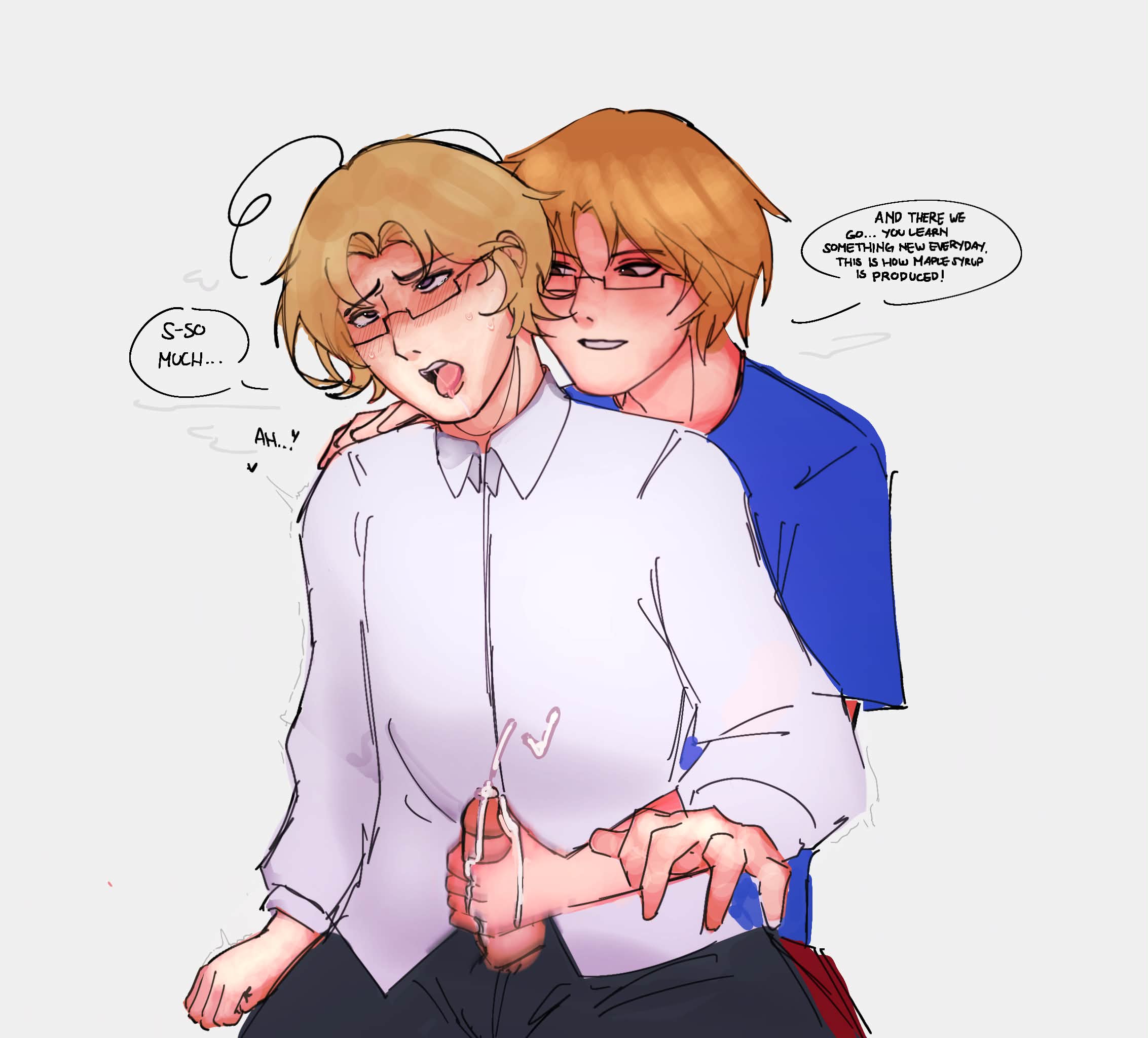 1boy, 1other, ahegao, androgynous, axis powers hetalia, blonde hair, blush, blush lines, blushing, blushing profusely, canada (hetalia), crossover, crossover pairing, cum, cumming, cumshot, dialogue, digital drawing (artwork), dripping cum, drool, drooling, ejaculating cum, ejaculation, fact attack adventures, facty (fact attack adventures), glasses, hand on penis, handjob, hetalia, holding penis, jerking off, jerkingoff, jerkingoff another, joke art, leaking precum, lmao, masturbating, masturbating other, masturbation, matthew williams, moaning, multiple orgasms, overstimulation, pleasure face, poorly drawn, requested, saliva on tongue, saliva string, saliva trail, satire, self upload, short hair, simple shading, tears, tongue, tongue out, weird crossover, what, whimper