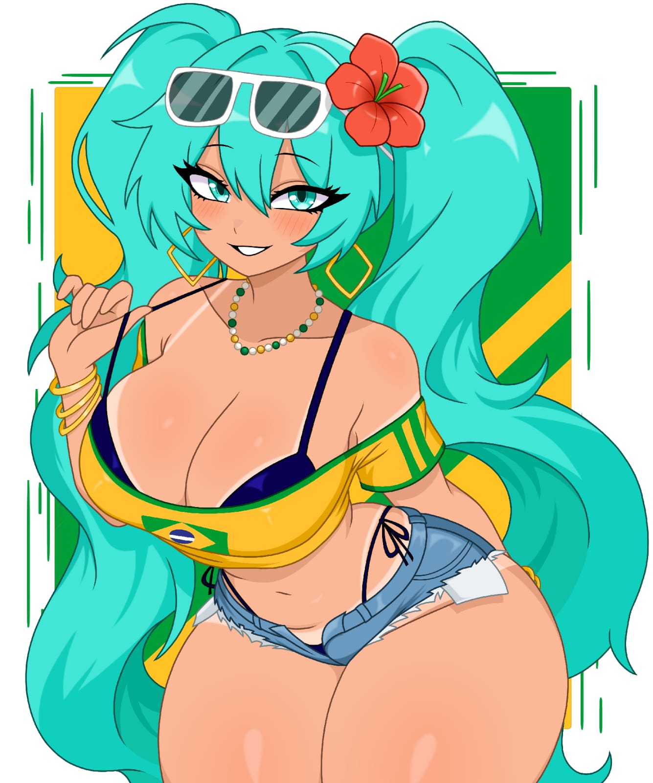 brazilian miku, cyan hair, fanart, hatsune miku, miku hatsune, nsfw, r34arts, shorts, turquoise eyes, turquoise hair, vocaloid