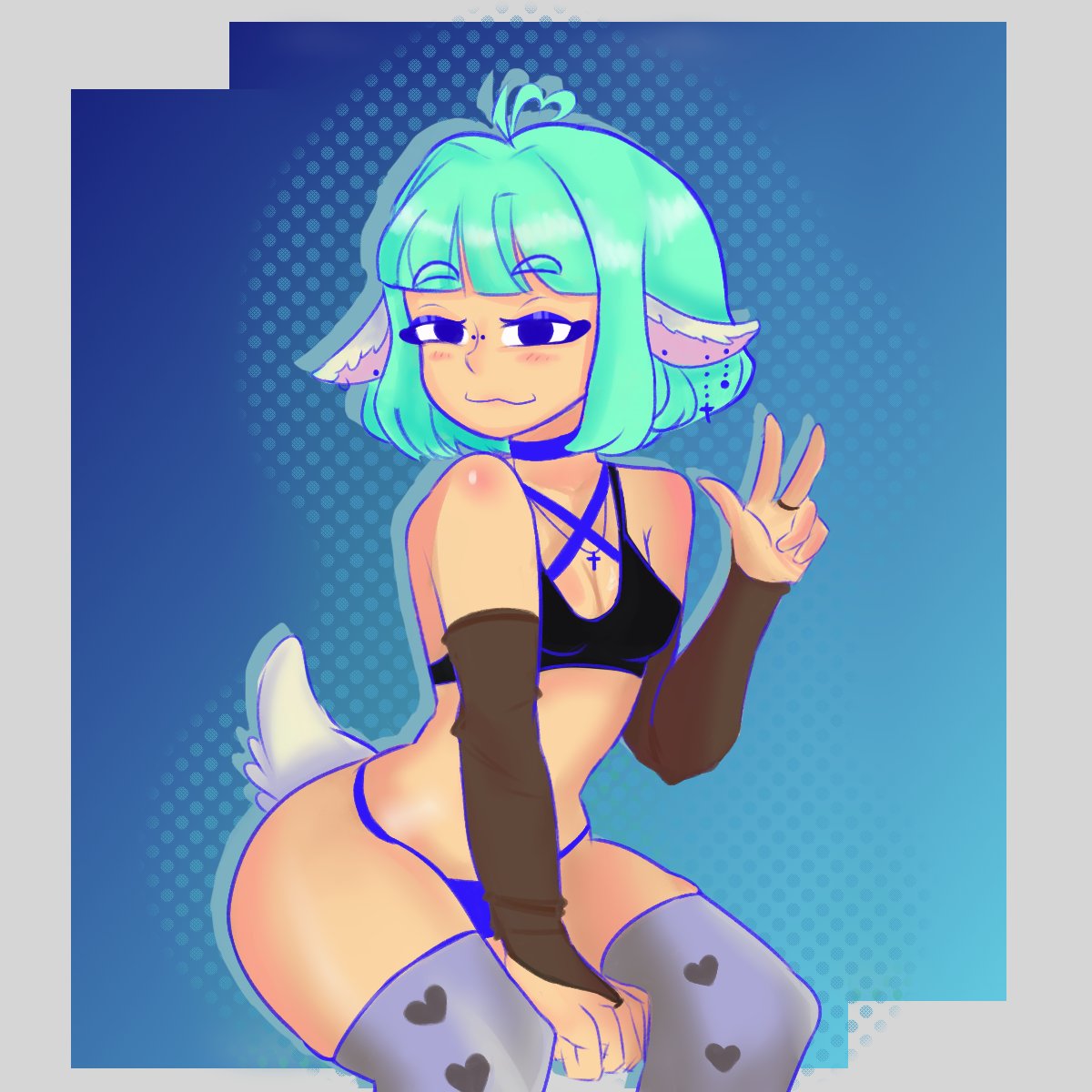 1girls, 1nonbinary, blue hair, goat ears, goat girl, goat tail, lesbian space princess, panties, peace sign, skimpy, skimpy clothes, turquoise hair, willow (lesbian space princess)