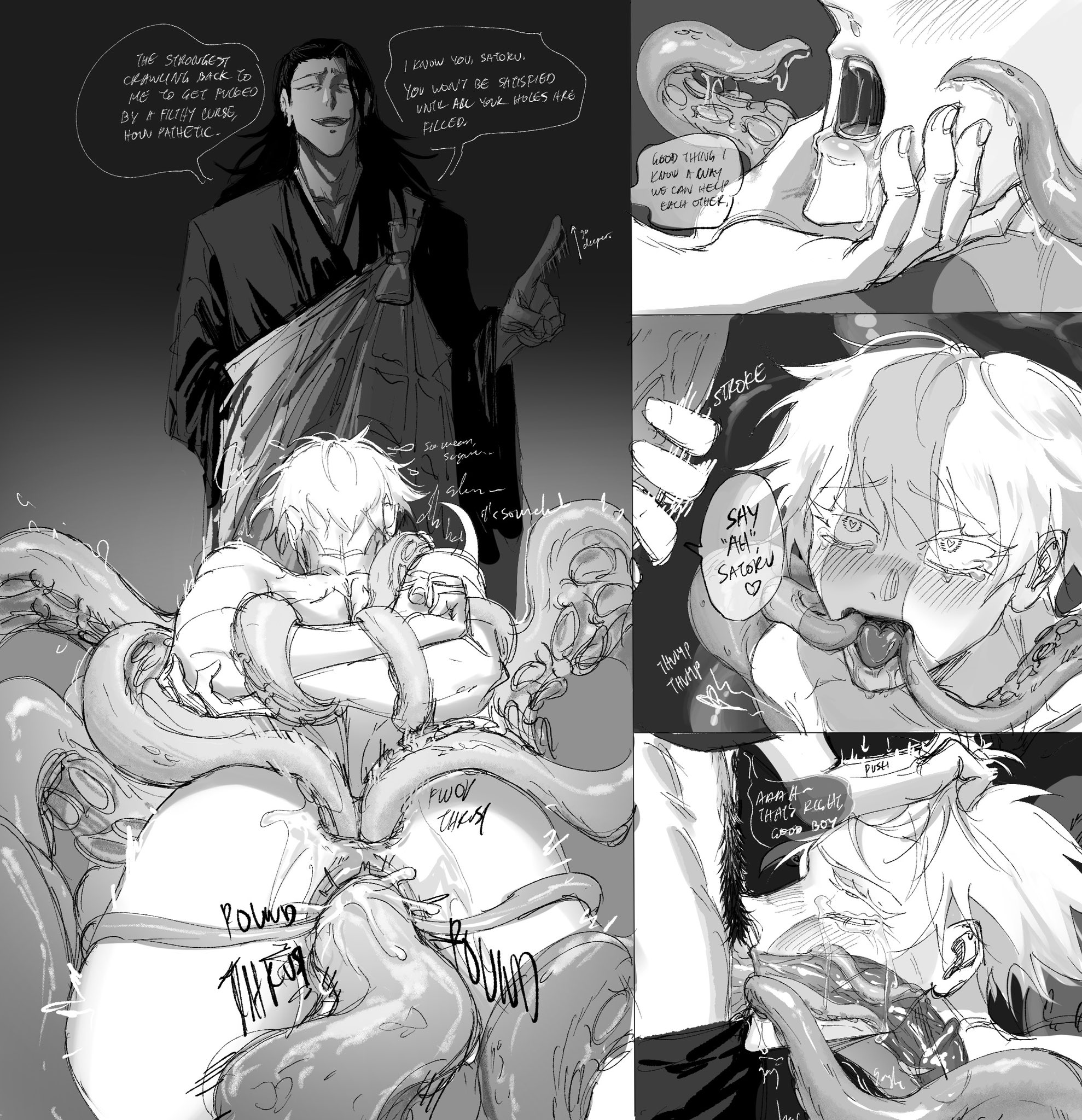 blowjob, blush, cuntboy, gay, jujutsu kaisen, male, satoru gojo, suguru geto, tentacle, tentacle rape, trans man, xyu909661, yaoi