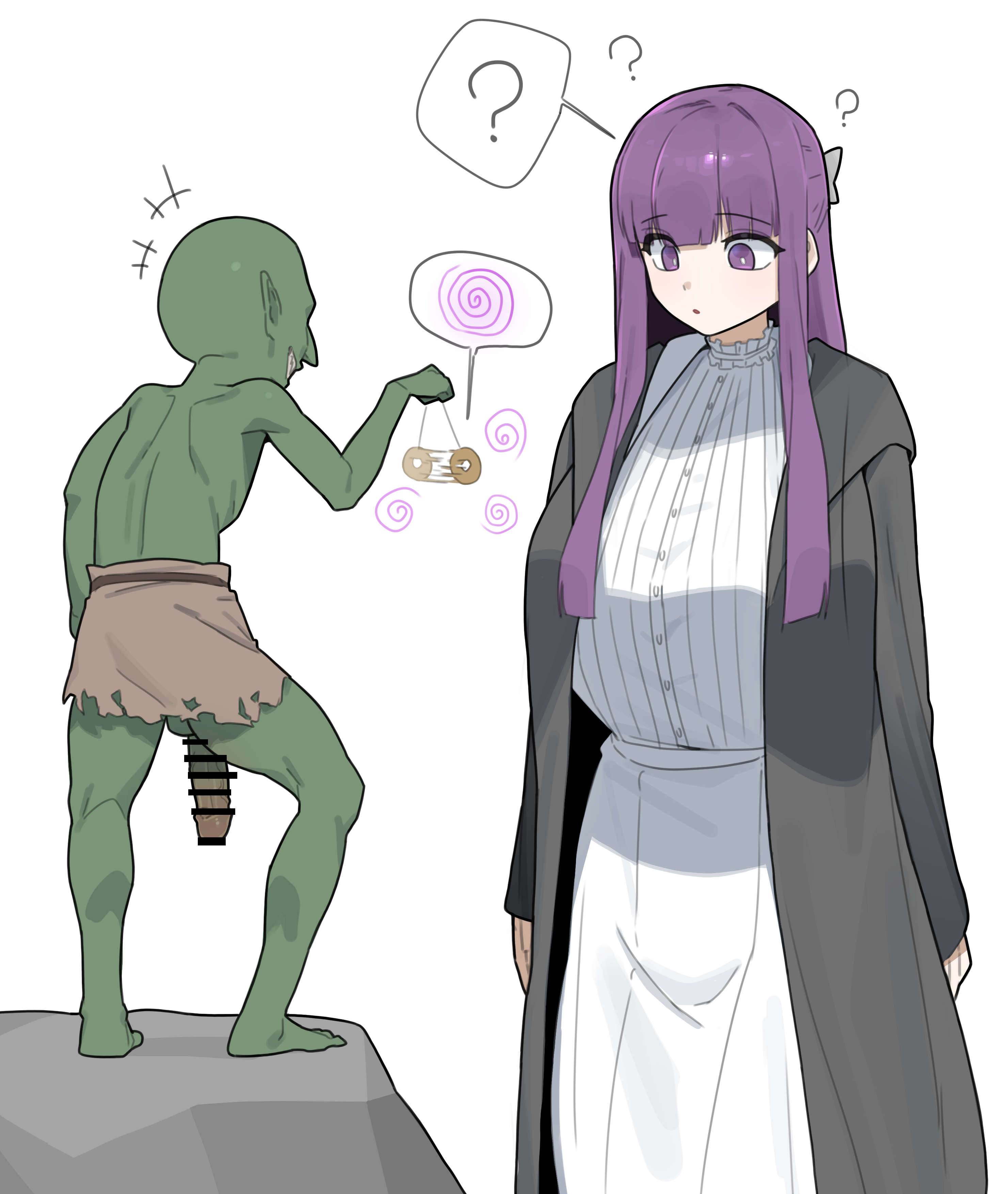 ?, 1boy, 1girls, bald, bar censor, breasts, censored, clothed, clothed female, clothing, colored skin, female, fern (sousou no frieren), goblin, goblin male, green skin, grey body, huge breasts, huge penis, long hair, looking at viewer, male, monster, netorare, partially clothed, penis, pointy ears, purple eyes, purple hair, simple background, size difference, sousou no frieren, speech bubble, testicles, white background