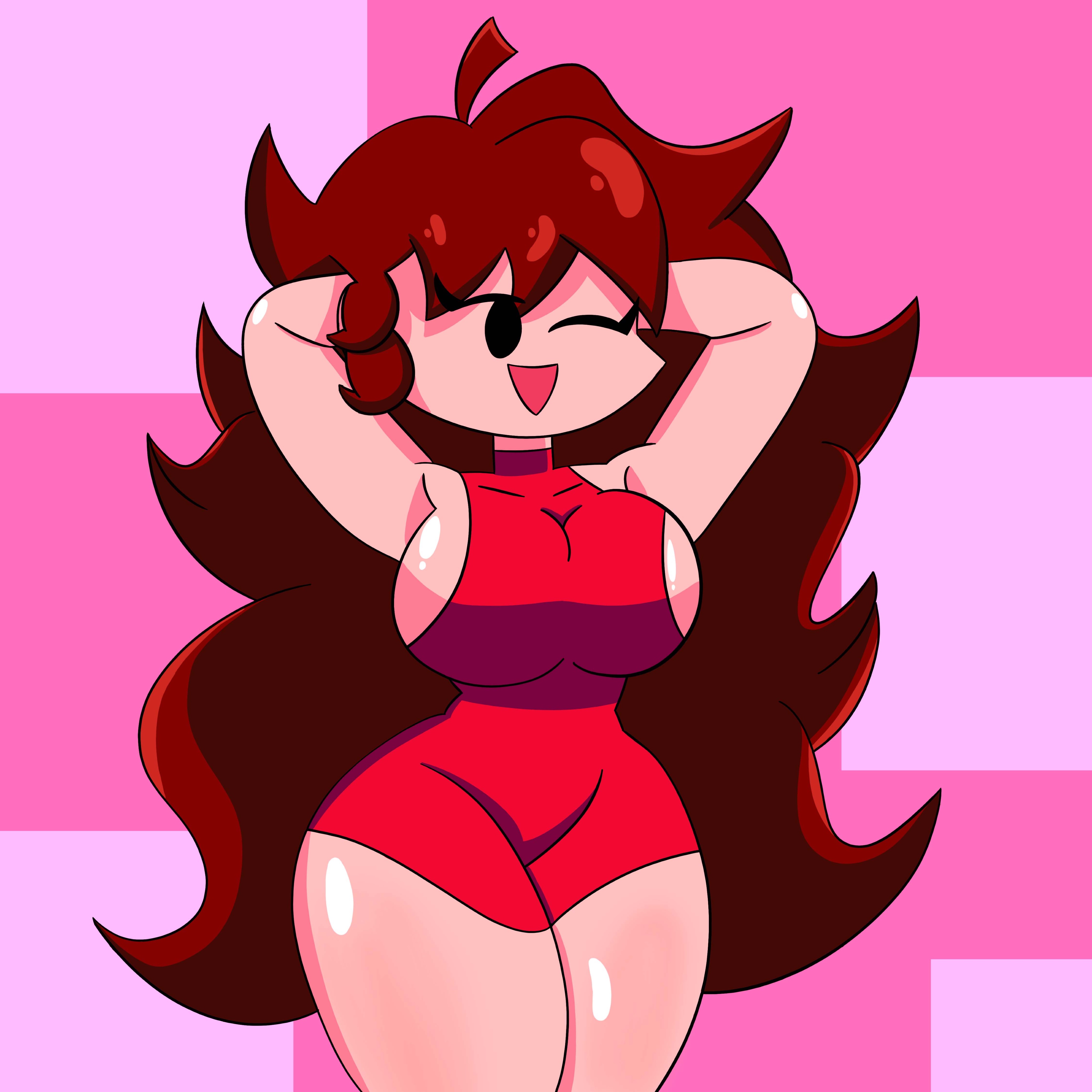 1girls, auburn hair, big breasts, breasts, closed eye, female, female only, friday night funkin, girlfriend (friday night funkin), hands behind back, long hair, minusbrush, solo, thick thighs, visible breath