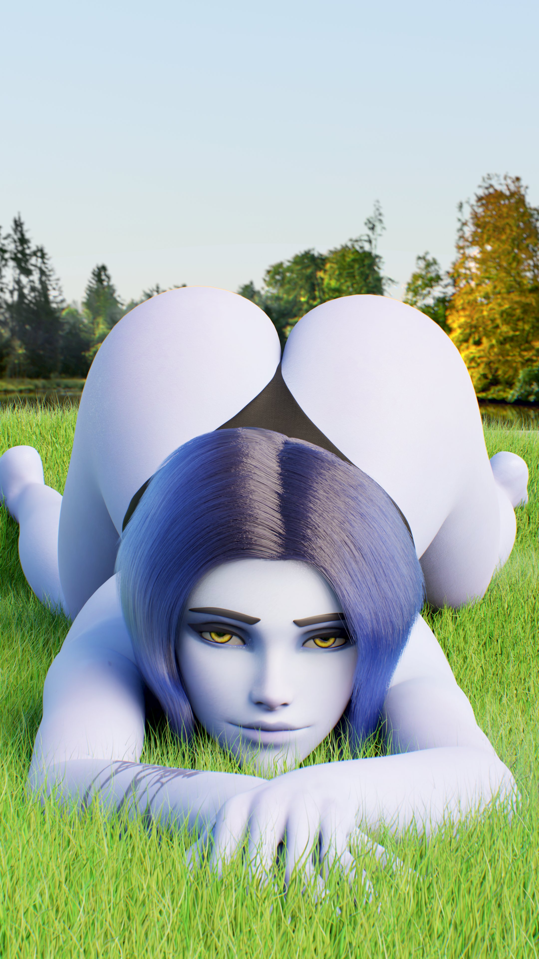 3d, ass, ass up, big ass, blizzard entertainment, breadcrumb, face down ass up, female, female only, grass, laying, looking at viewer, lying, overwatch, purple hair, purple skin, smug, solo, solo female, tattoo, thick thighs, thong, trees, widowmaker, yellow eyes