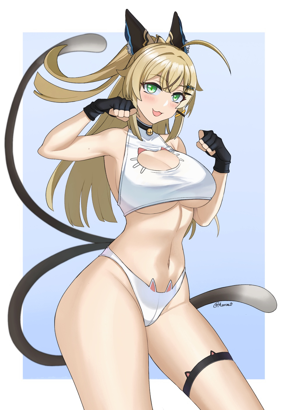 1girls 2_tails :3d aori_sora big_breasts blonde_hair breasts cat_cutout cat_ears cat_tail catgirl cleavage cleavage_cutout female genshin_impact gloves green_eyes kirara_(genshin_impact) large_breasts lingerie midriff navel solo stomach tail thick_thighs thigh_strap thighs underboob