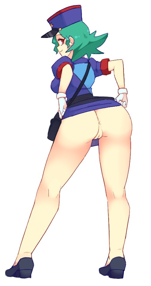 1girls, ass, bottomless, brown eyes, female, green hair, hat, looking back, officer jenny (pokemon), partially clothed, pokemon, police, police uniform, policewoman, presenting, pussy, rtil, simple background, smile, solo, solo female, standing