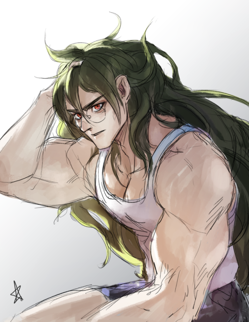 1boy artist_request biceps danganronpa danganronpa_v3 glasses gokuhara_gonta green_eyes long_hair long_hair_male male male_only muscular muscular_male pecs red_eyes round_glasses smooth_skin solo source_request tank_top wavy_hair