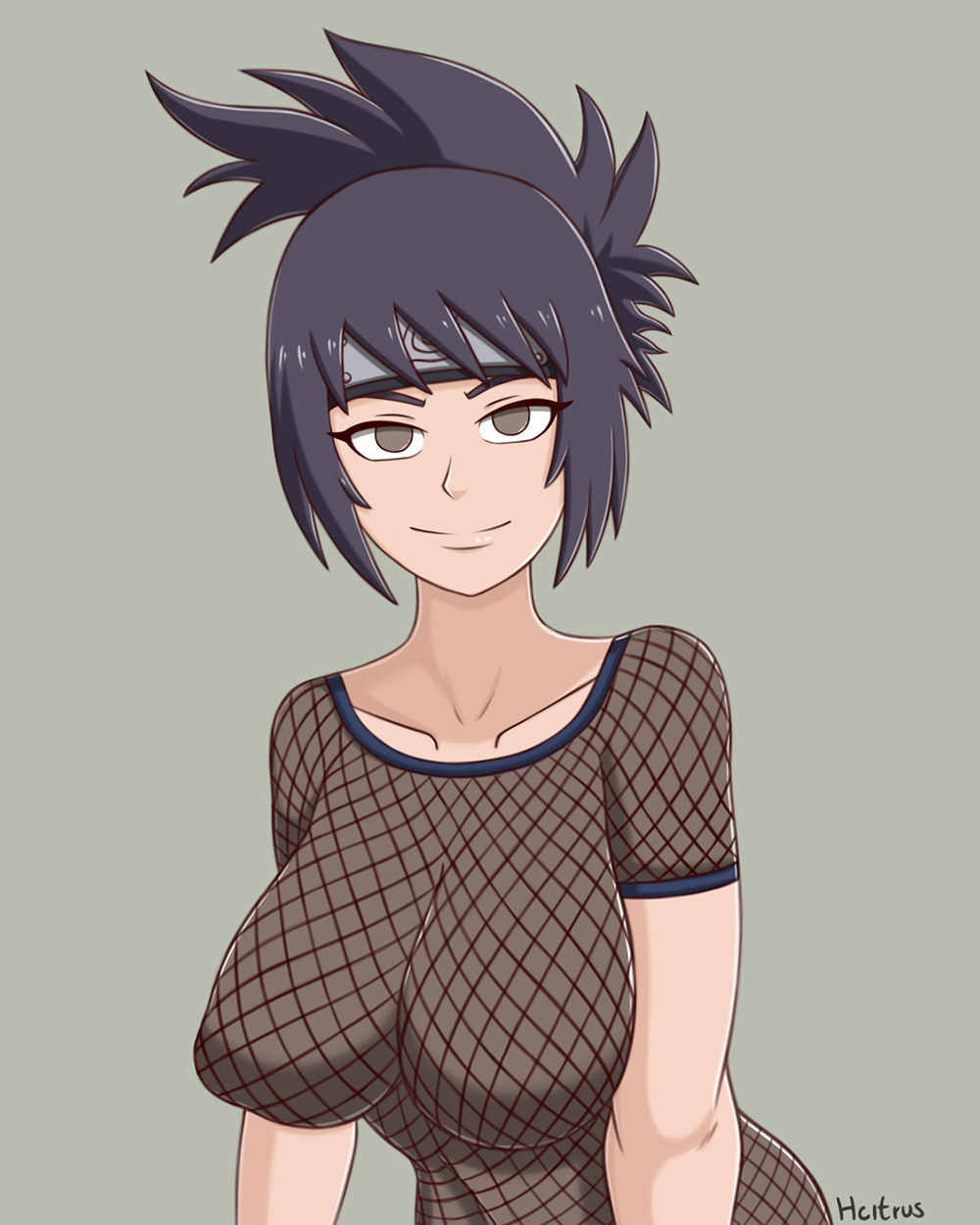 1girls big_breasts breasts female female_only fishnet_shirt fishnets forehead_protector hcitrus large_breasts looking_at_viewer mitarashi_anko naruto naruto_(series) naruto_shippuden purple_eyes purple_hair smile solo tied_hair upper_body