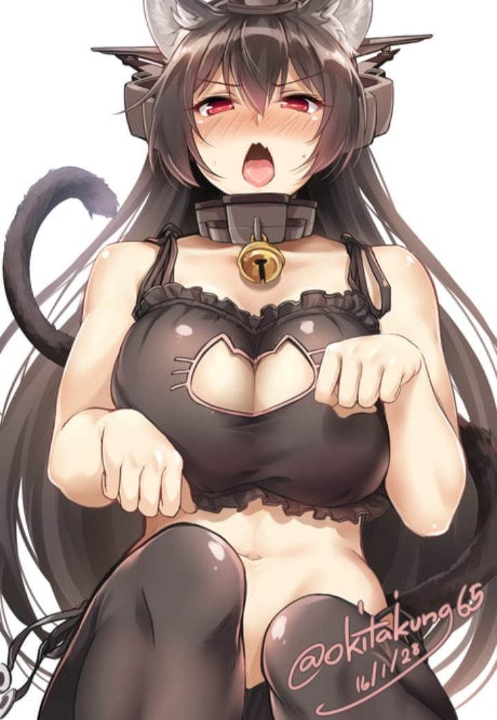 1girls 2022 bell big_breasts black_clothing black_hair blush breasts cat_ears cat_girl cat_humanoid cat_lingerie cat_tail catgirl collar huge_ass kantai_collection light-skinned_female light_skin moan moaning nagato_(kantai_collection) neko neko_girl okitakung red_eyes soft_breasts