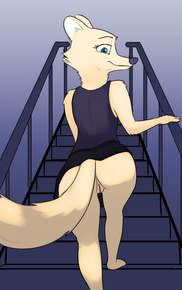 2022 anthro arctic_fox ass barefoot bottomless canid canine clothed clothing digital_media_(artwork) disney feet female fox genitals gradient_background looking_at_viewer looking_back looking_back_at_viewer mammal no_panties plantigrade pussy simple_background skirt skye_(zootopia) solo stairs tggeko zootopia zootropolis