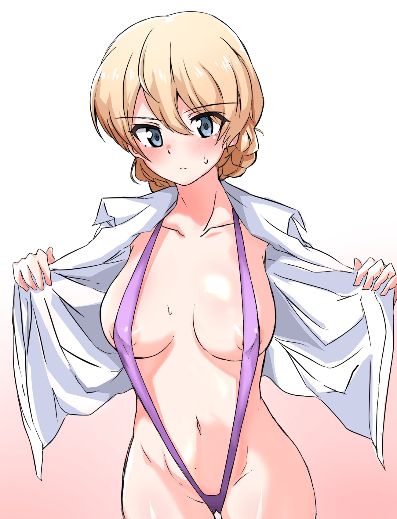 areola_slip areolae bangs blonde_hair blue_eyes blush braid breasts closed_mouth collarbone cowboy_shot darjeeling dress_shirt eyebrows_visible_through_hair female girls_und_panzer groin highres large_breasts light_frown looking_at_viewer momonosuke_(u-ma991028) navel open_clothes open_shirt opened_by_self purple_swimsuit shirt short_hair simple_background slingshot_swimsuit solo standing sweat sweatdrop swimsuit swimsuit_under_clothes tied_hair twin_braids undressing white_background white_shirt