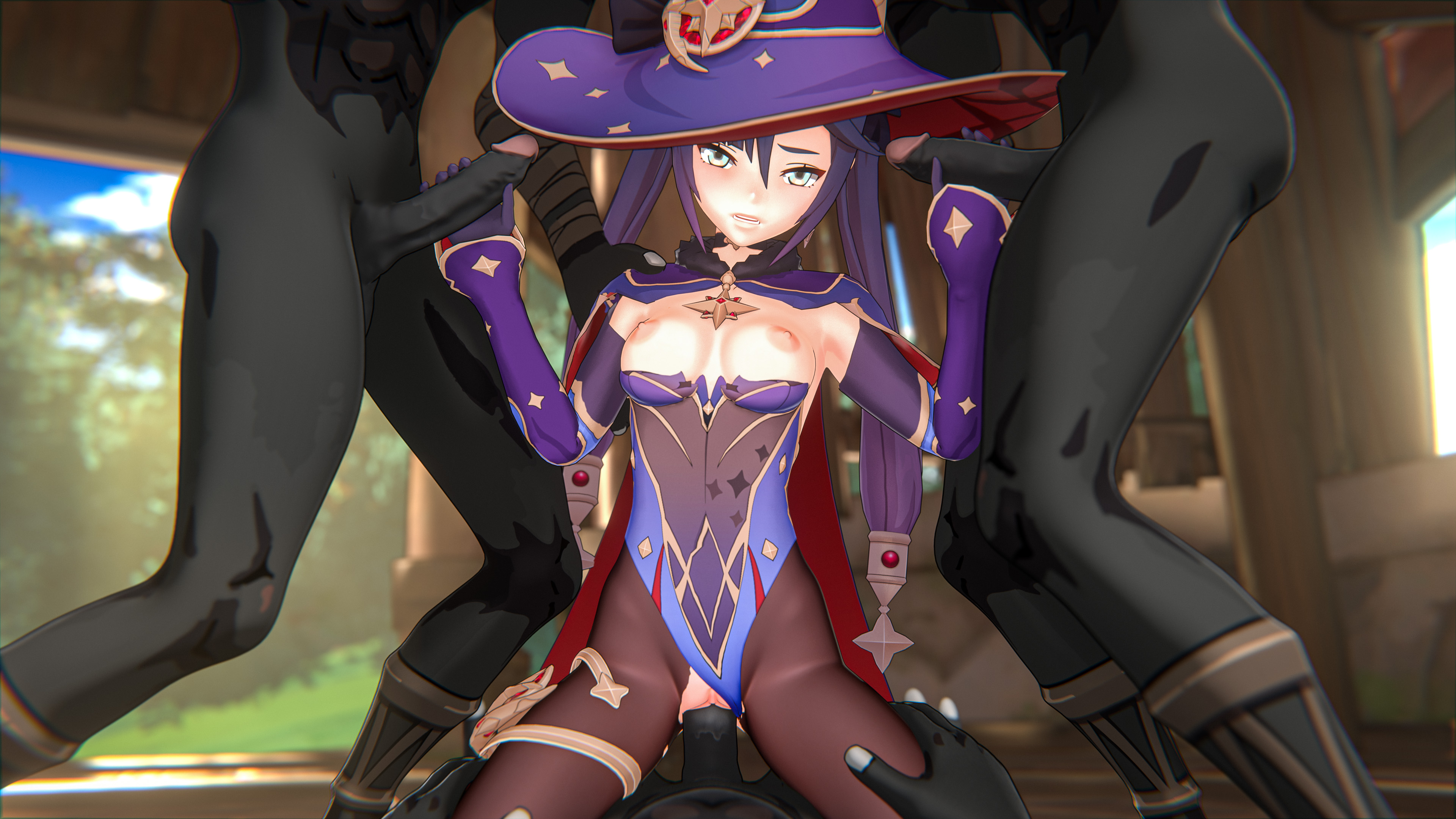 2022, 2160p, 3840x2160, 3d, 4k, armpits, big penis, breasts, dark skin, exposed breasts, female, female on top, genshin impact, gloves, group, group sex, hat, hi res, high resolution, highres, hilichurls (species), huge penis, interracial, interspecies, large penis, leggings, light skin, light-skinned female, long hair, male, mihoyo, mona (genshin impact), nagoonimation, pale skin, pale-skinned female, penis, purple hair, sex, skin tight, twintails, uncensored, witch hat