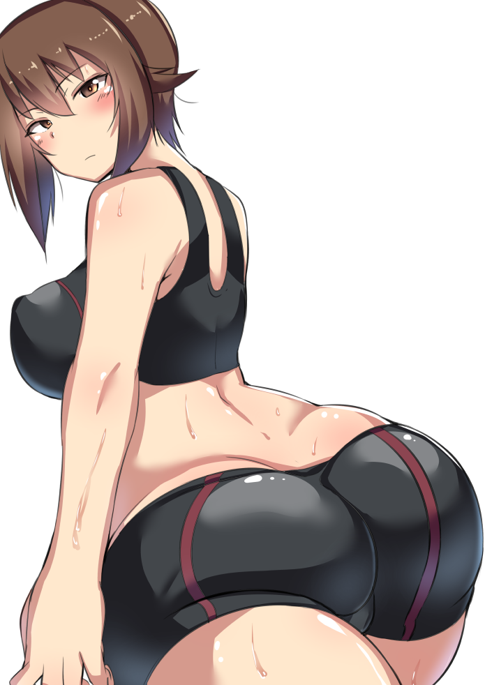 ass bike_shorts blush breasts brown_eyes brown_hair cameltoe closed_mouth covered_nipples eyebrows_visible_through_hair female girls_und_panzer large_breasts looking_at_viewer looking_back nishizumi_maho shiny shiny_clothes shiny_hair shiny_skin short_hair simple_background solo sports_bra sportswear white_background yottan