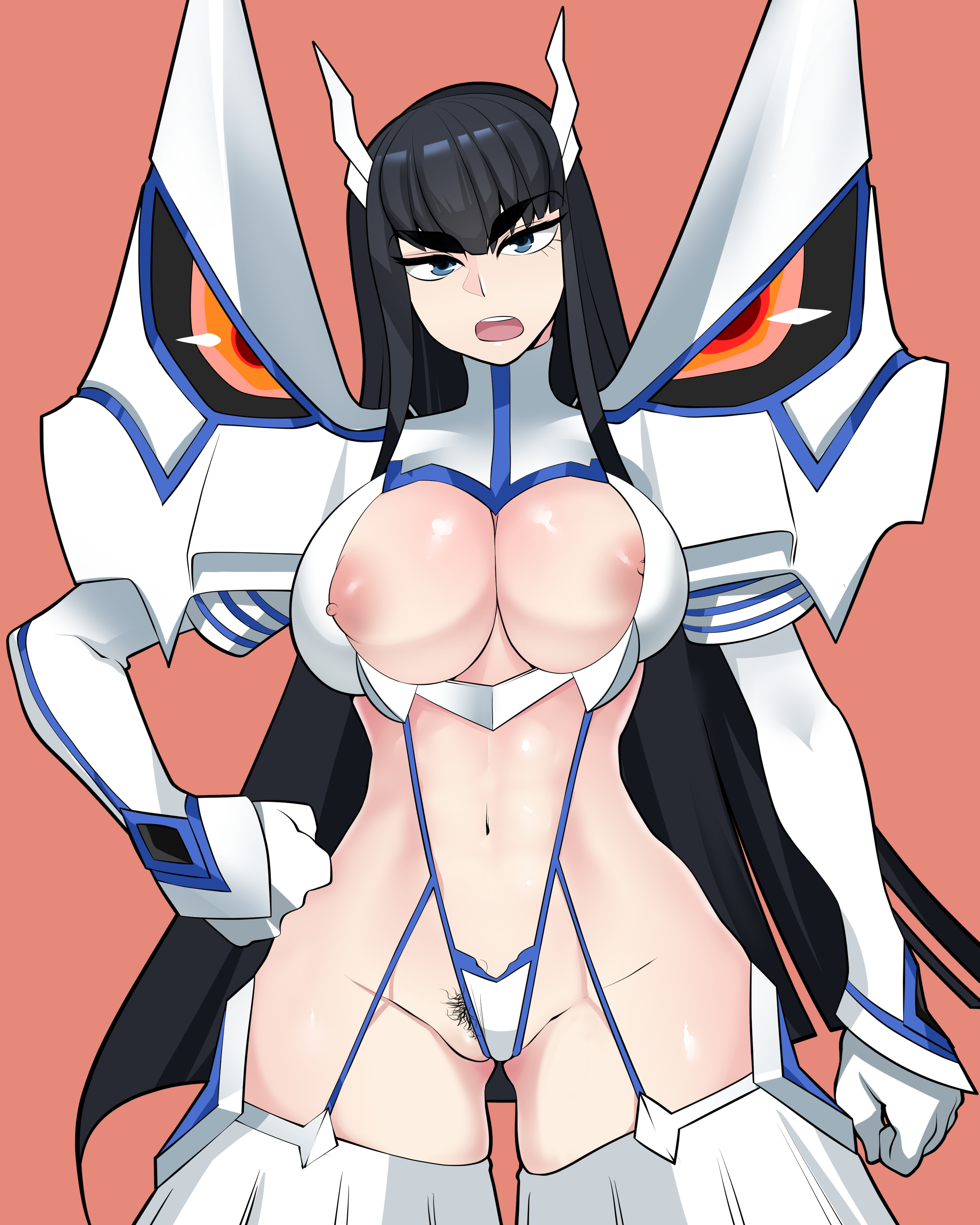 abs, absurdres, areolae, asha, black hair, black pubic hair, blue eyes, cleavage cutout, clenched hands, clothing cutout, eyebrows visible through hair, eyelashes, female, female pubic hair, hand on hip, highres, junketsu, kill la kill, kiryuuin satsuki, long eyelashes, long hair, navel, nipple slip, nipples, open mouth, orange background, pubic hair, pubic hair peek, schector (asha000253), shiny, shiny skin, simple background, skindentation, solo, teeth, turtleneck, upper teeth
