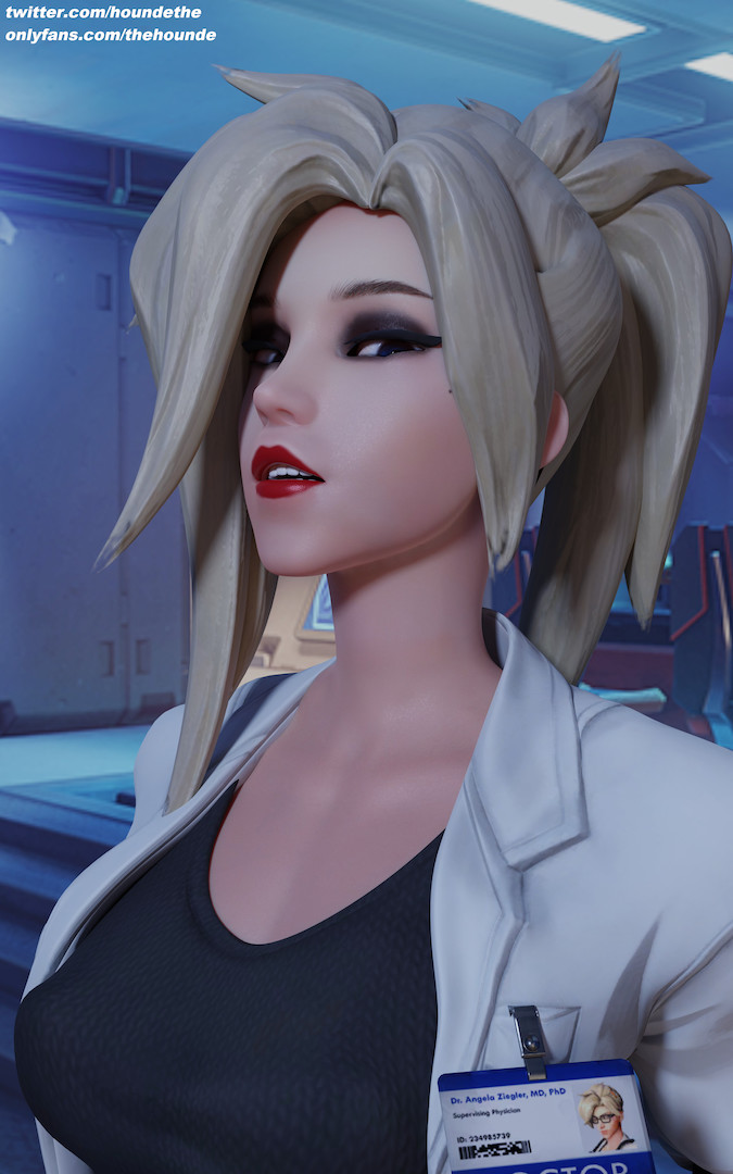 1girls, 3d, 3d (artwork), angela ziegler, blizzard entertainment, blonde hair, close-up, clothed, doctor, female, female only, heroine, human, labcoat, light skin, light-skinned female, mercy, overwatch, red lipstick, seductive look, solo, swiss, thehounde, twitter username